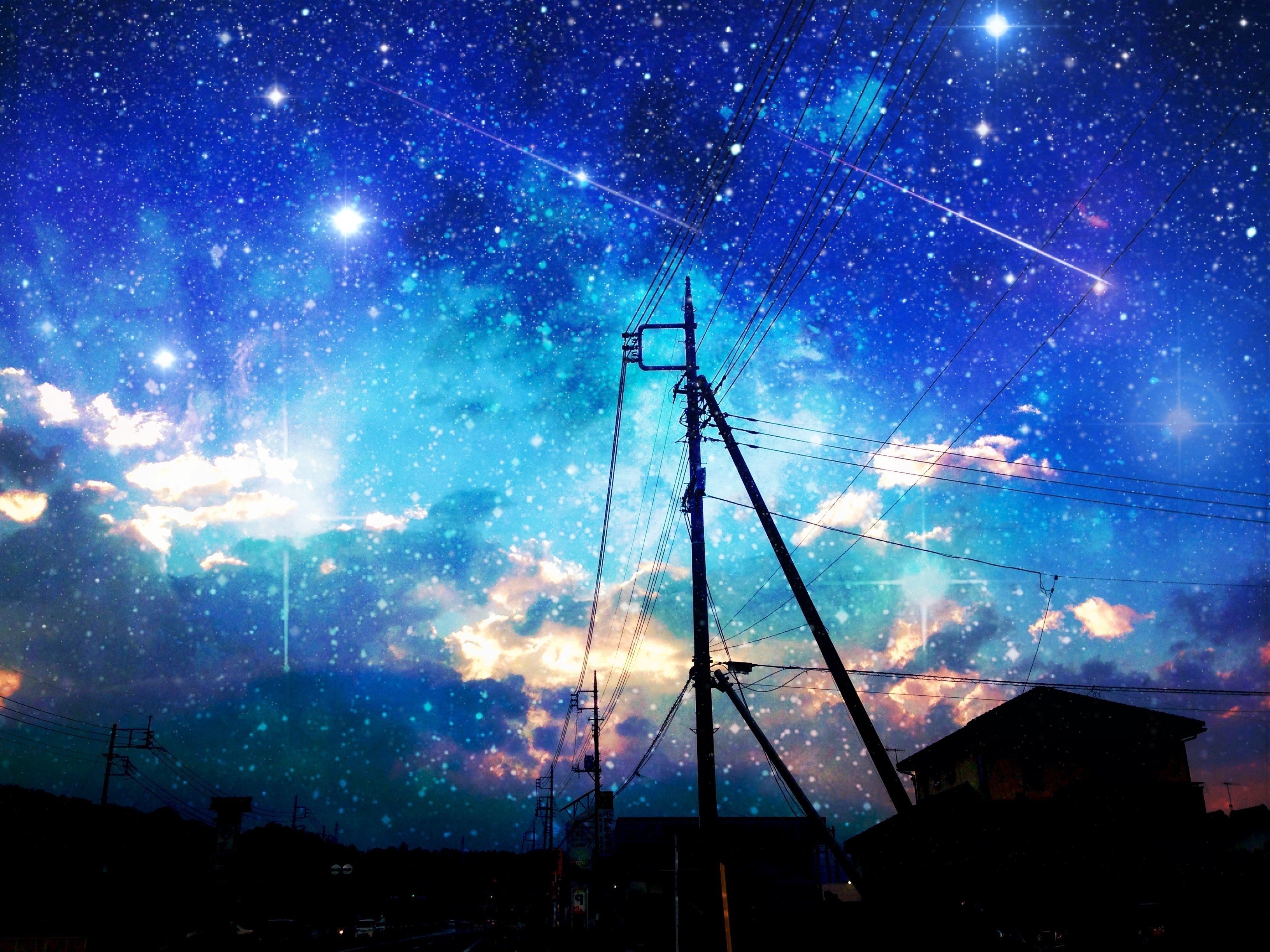 Anime landscape with stars and clouds HD Wallpaper
