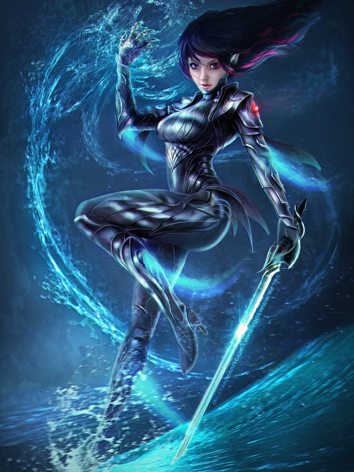 Anime girl with sword and water magic HD Wallpaper