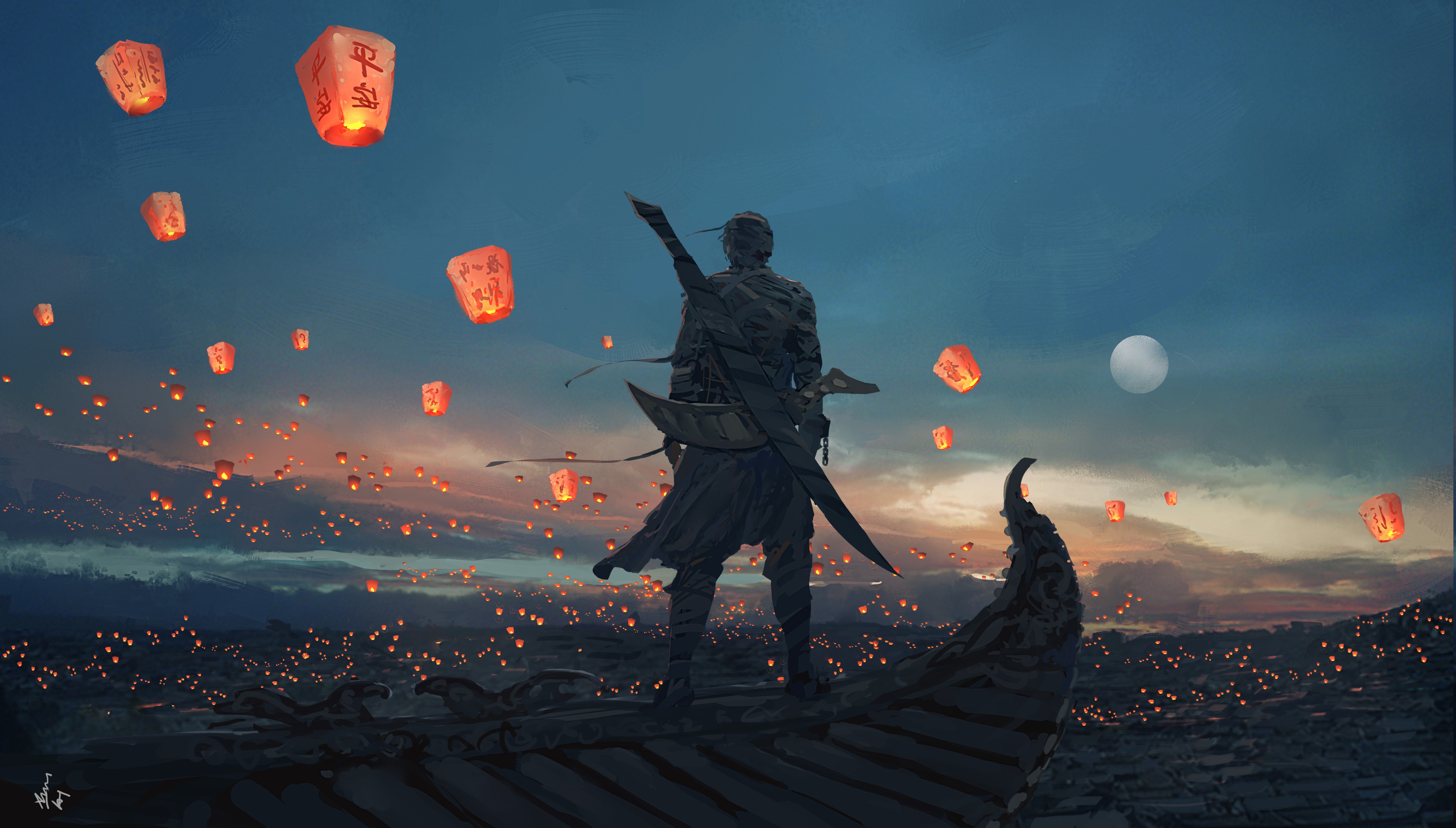 Fantasy warrior releasing sky lanterns at dusk HD Wallpaper
