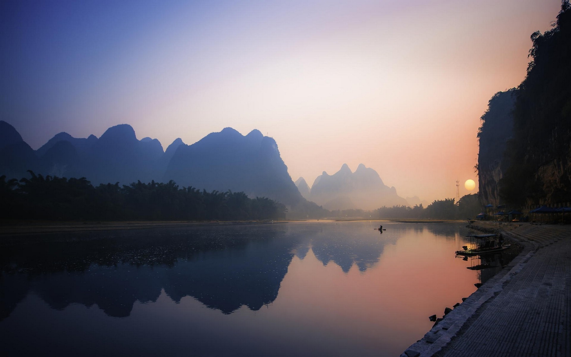 Misty River Landscape at Sunrise with Karst Mountains in China HD Wallpaper