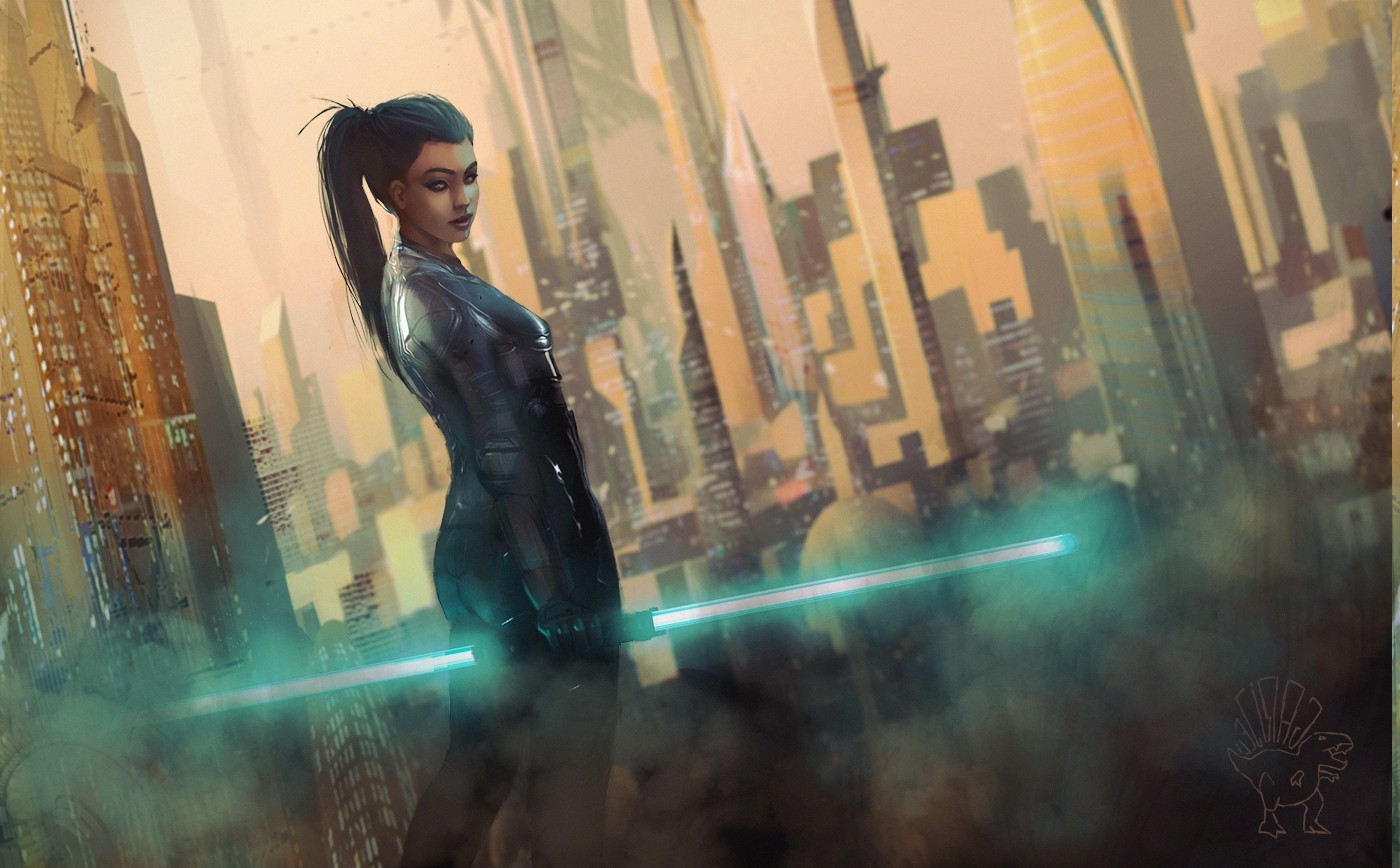 Woman with lightsaber in futuristic city HD Wallpaper