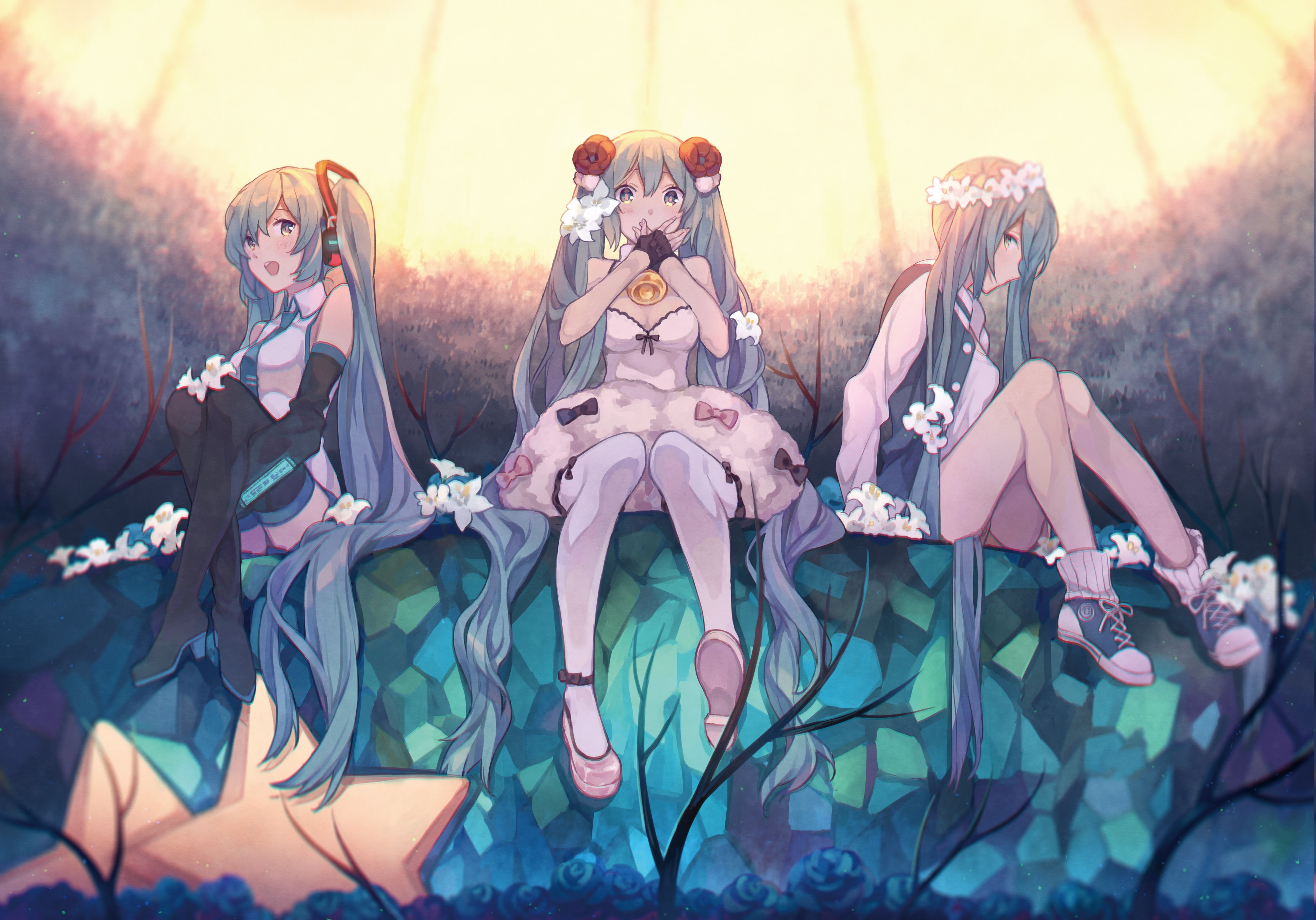 Hatsune Miku and friends sitting on a rock HD Wallpaper
