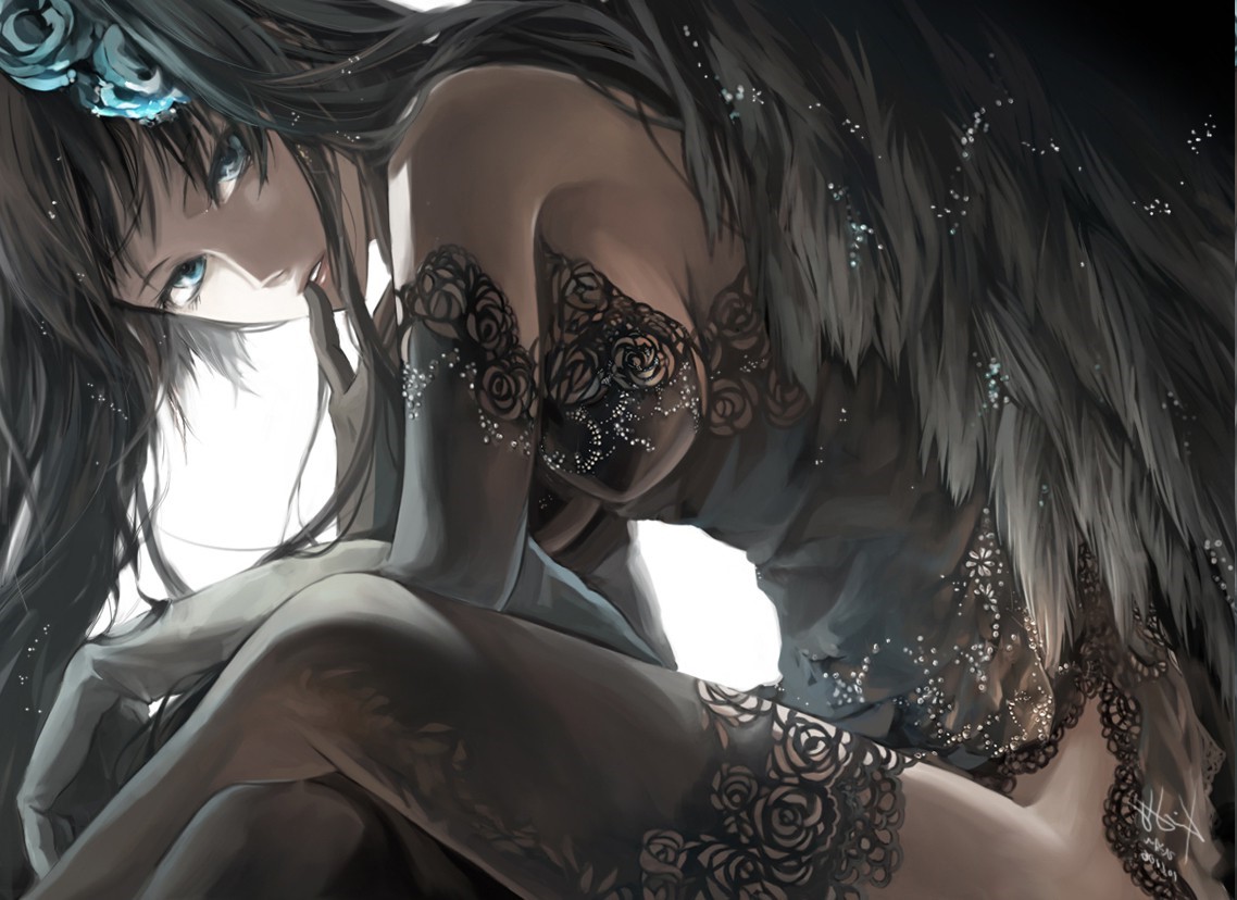 Anime girl with black hair and blue eyes HD Wallpaper