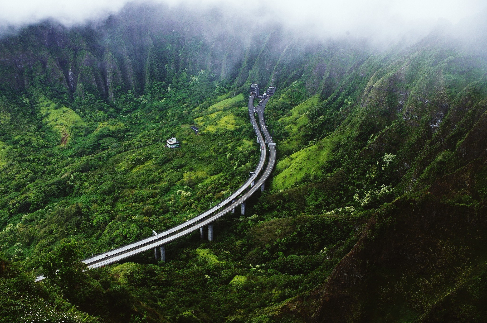 Misty Mountain Highway Bridge Through Tropical Forest HD Wallpaper