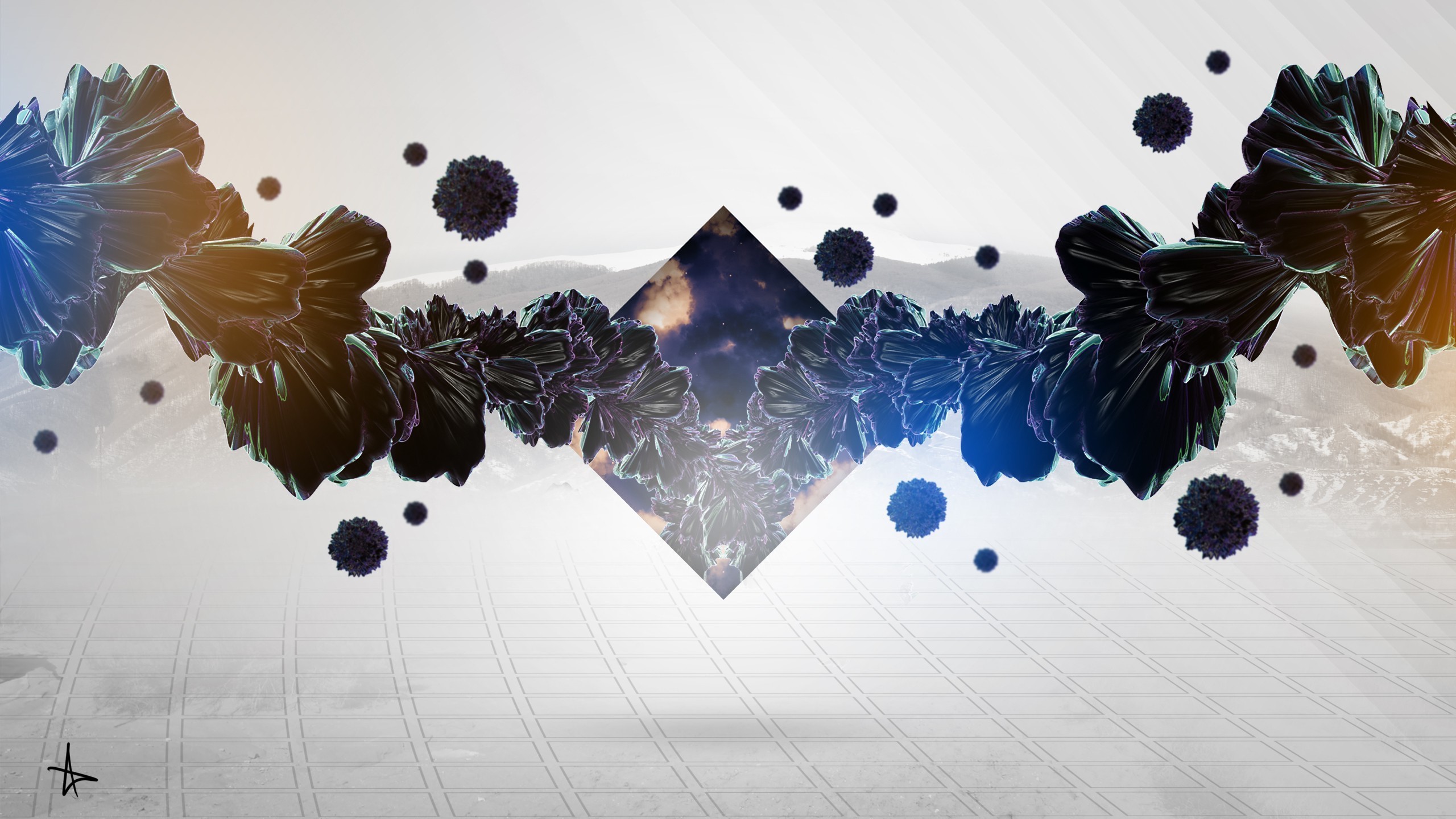 Abstract digital art with geometric shapes and organic forms HD Wallpaper