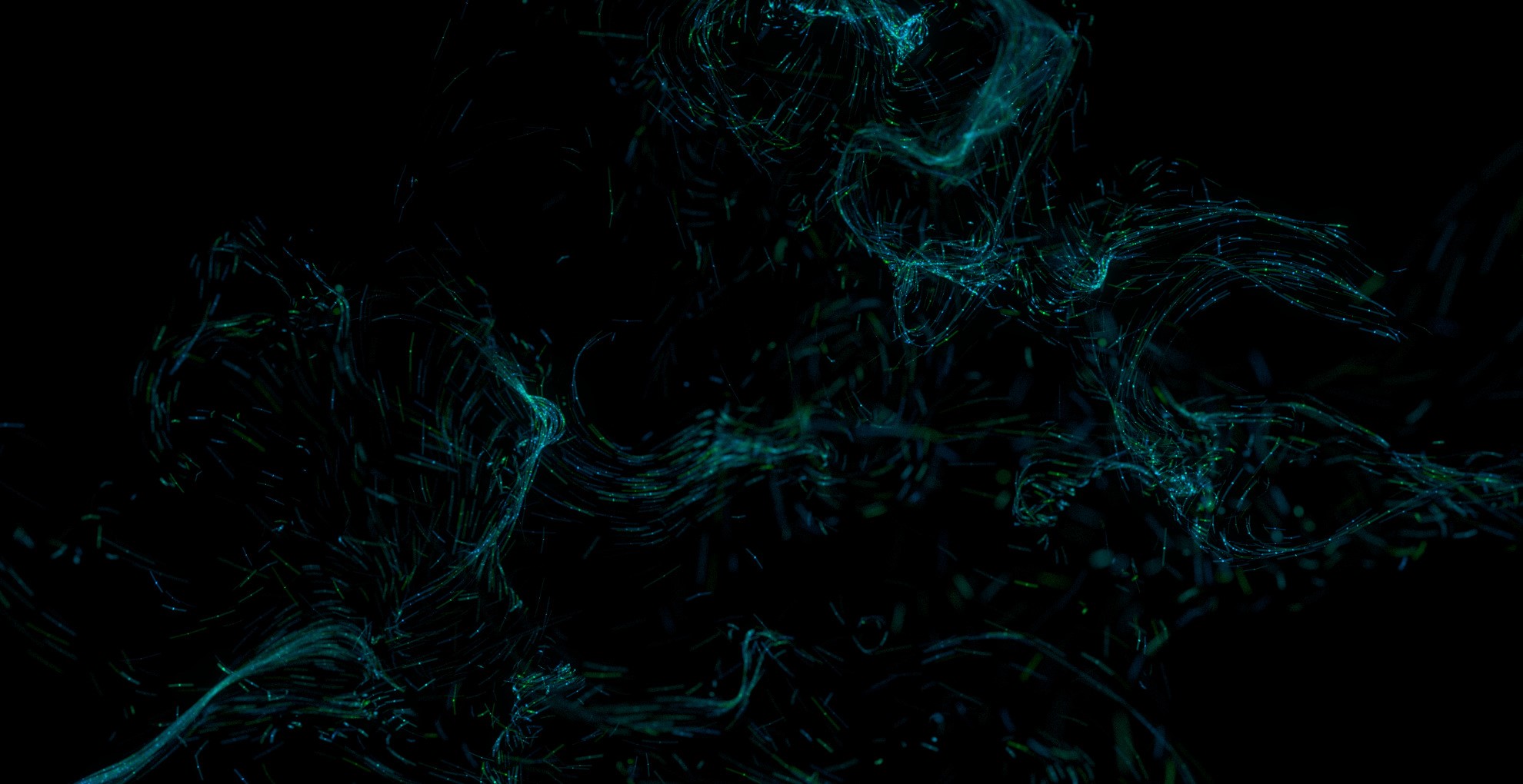 Abstract digital art with swirling blue and green particles HD Wallpaper