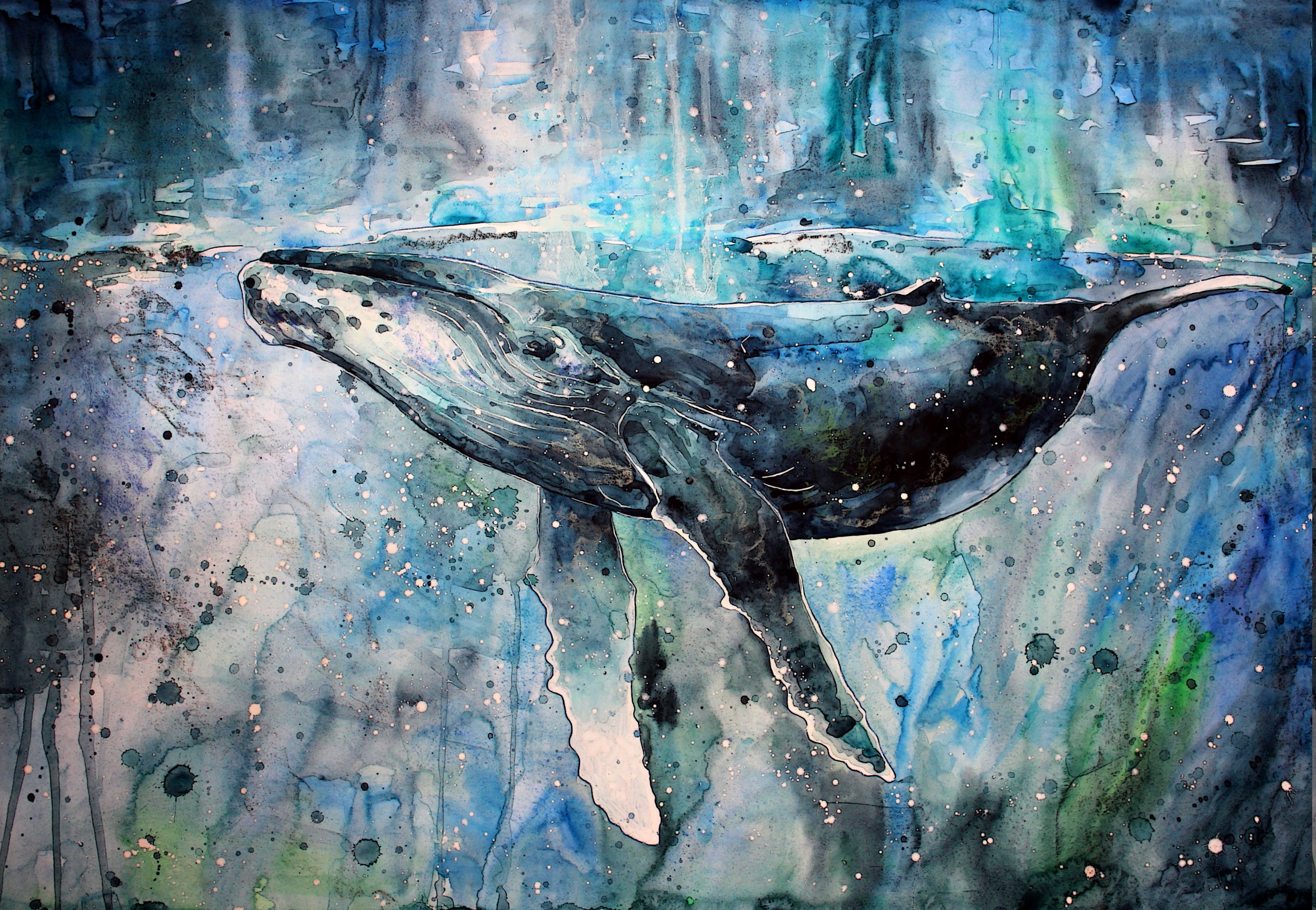 Watercolor painting of a humpback whale underwater HD Wallpaper