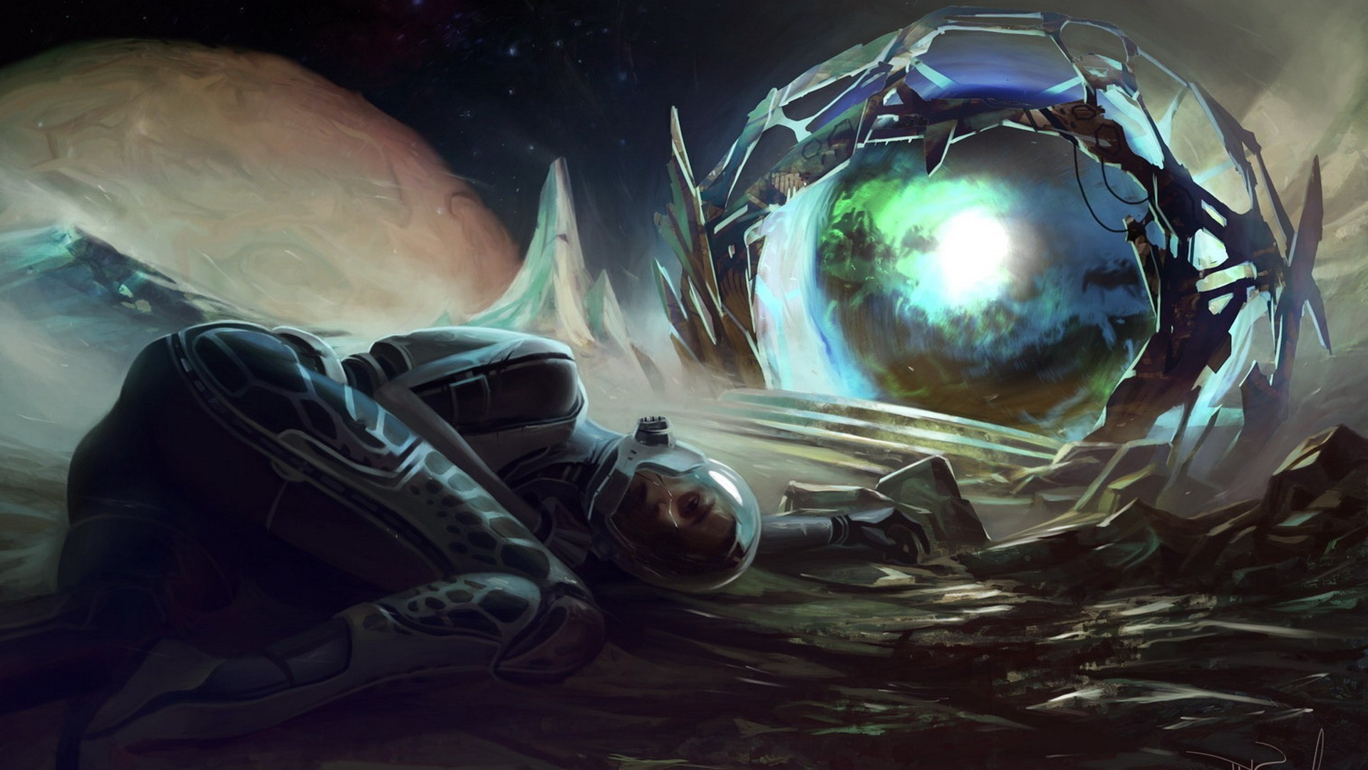 Astronaut lying near a glowing portal on an alien planet HD Wallpaper