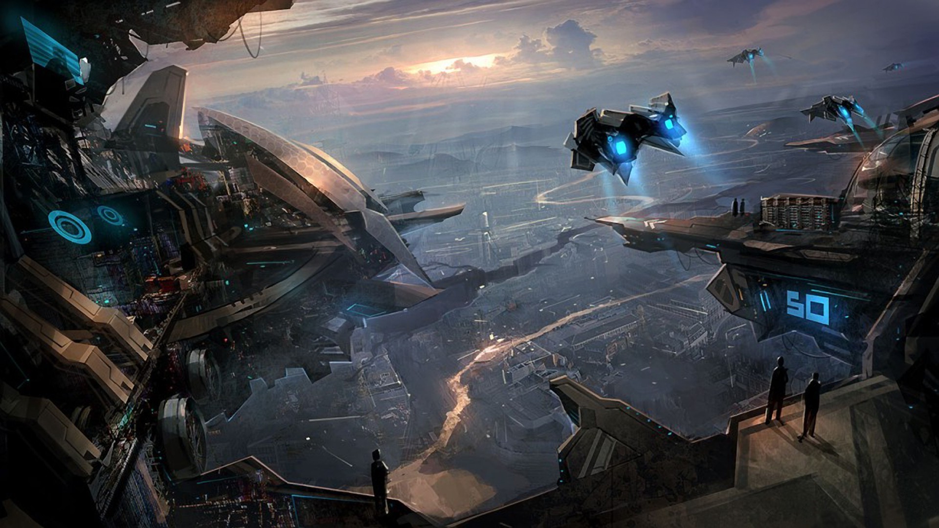 Futuristic city with spaceships at sunset HD Wallpaper