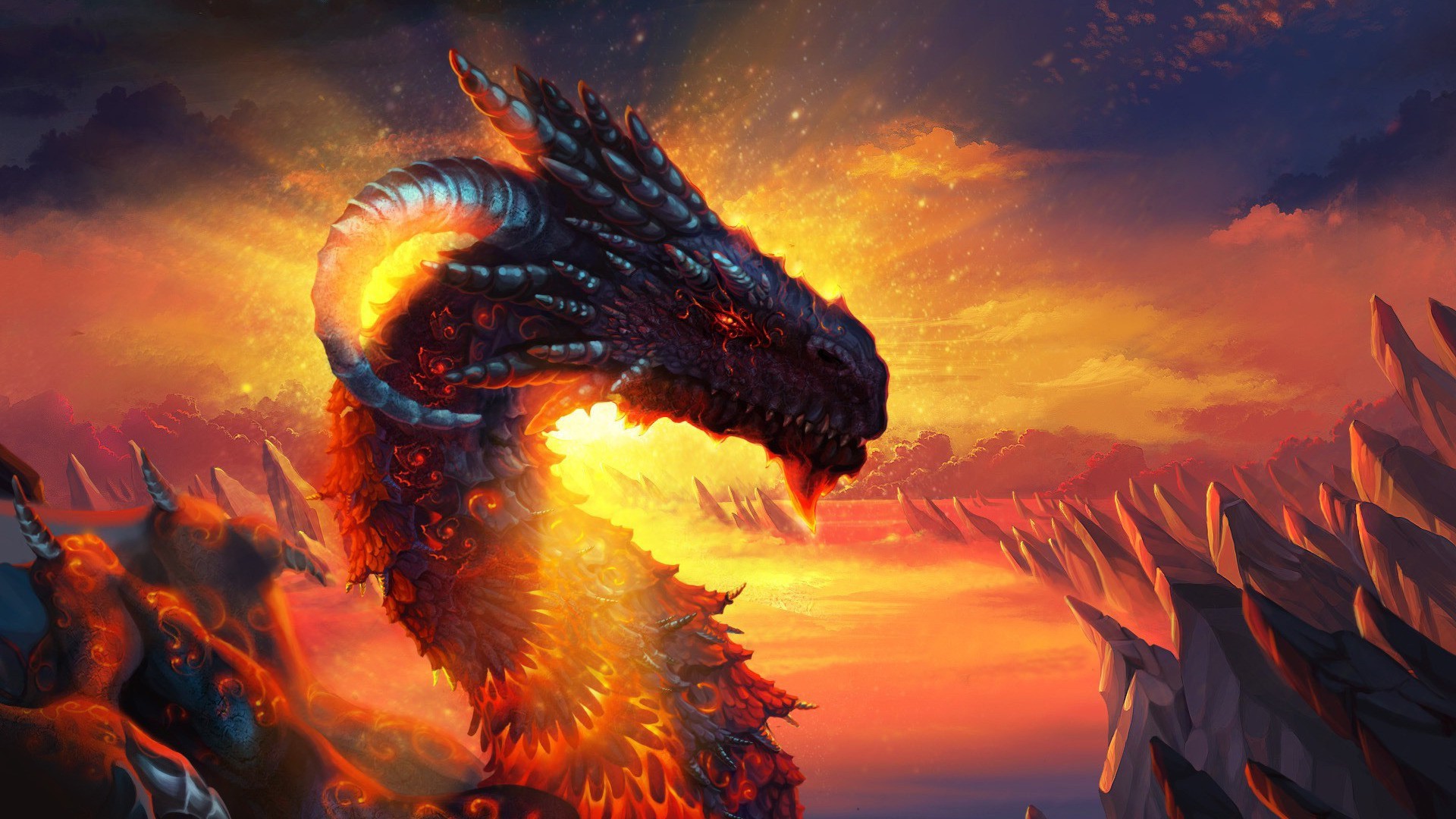 Dragon breathing fire in a fantasy landscape HD Wallpaper