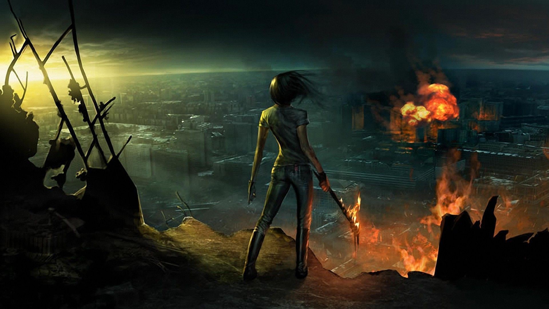 Woman with flaming staff overlooking burning city HD Wallpaper