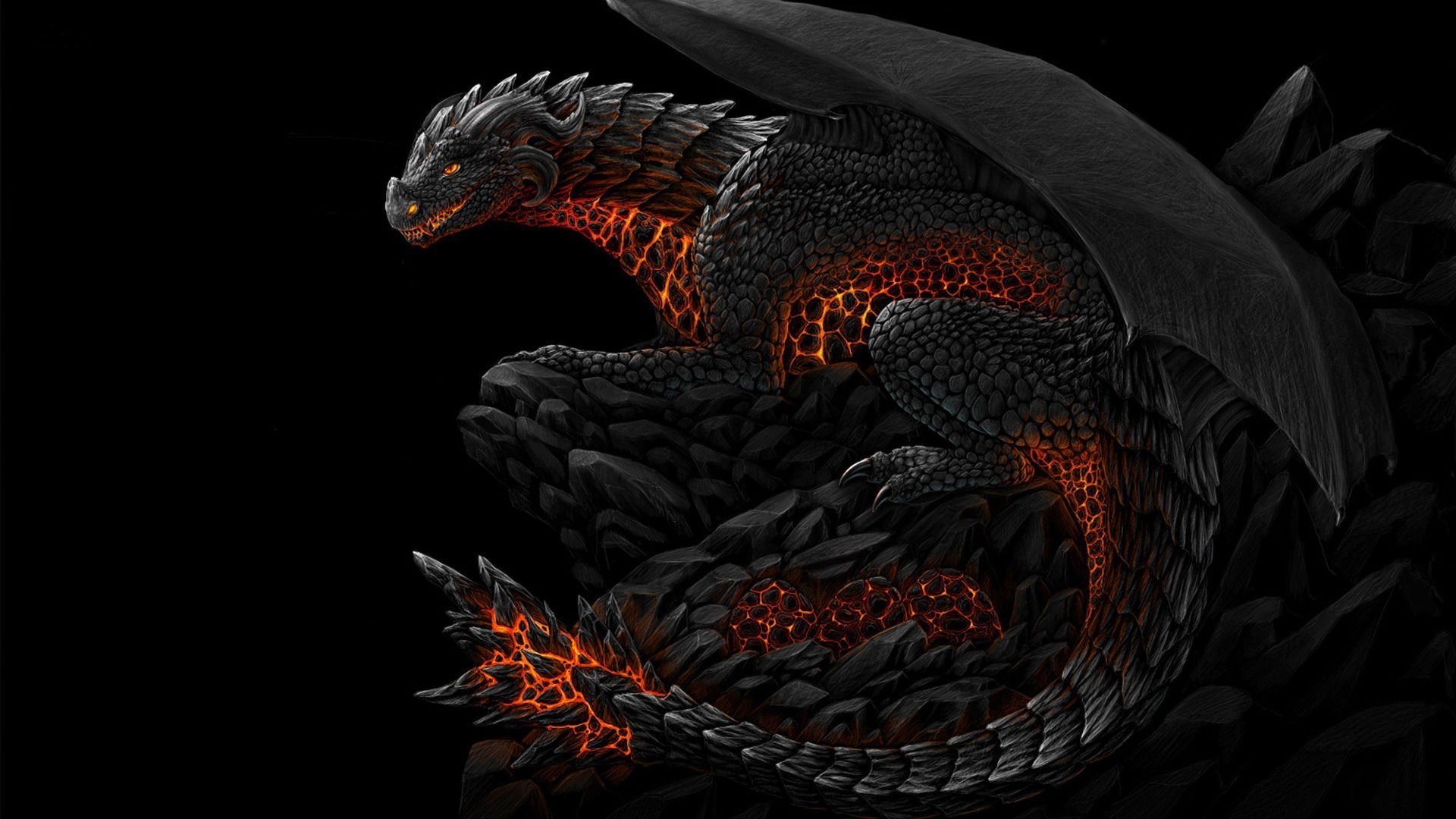 Fantasy art of a lava dragon on rocks HD Wallpaper