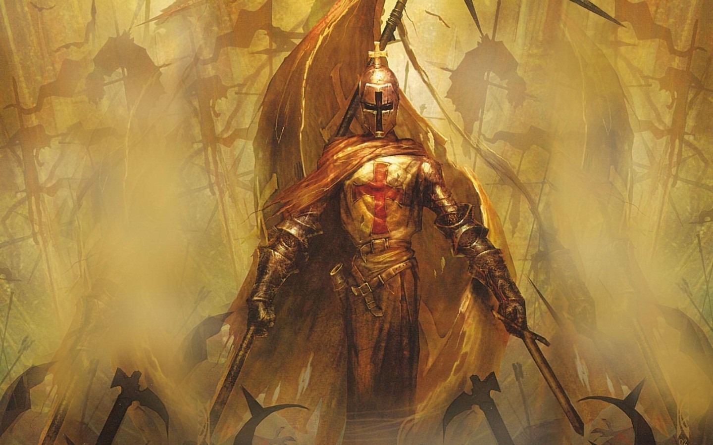 Fantasy art of a Templar Knight with swords HD Wallpaper