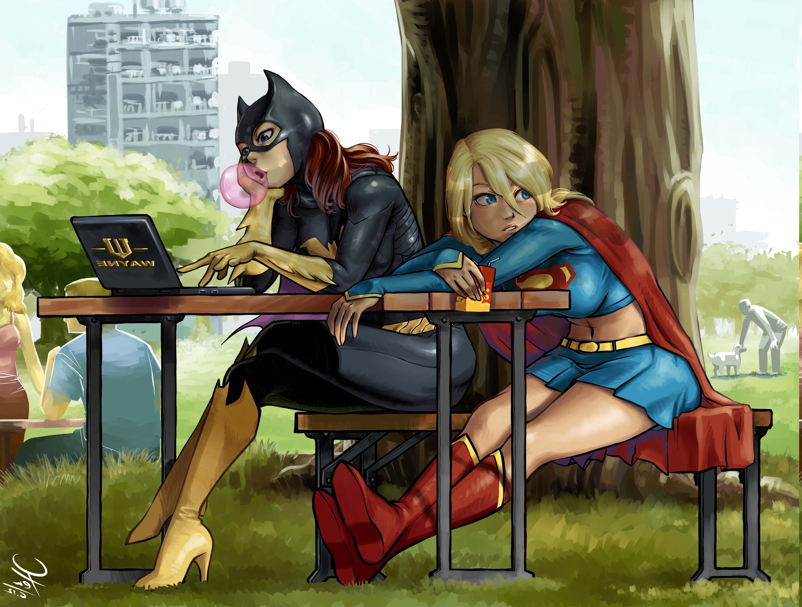 Supergirl and Batgirl at a park table HD Wallpaper