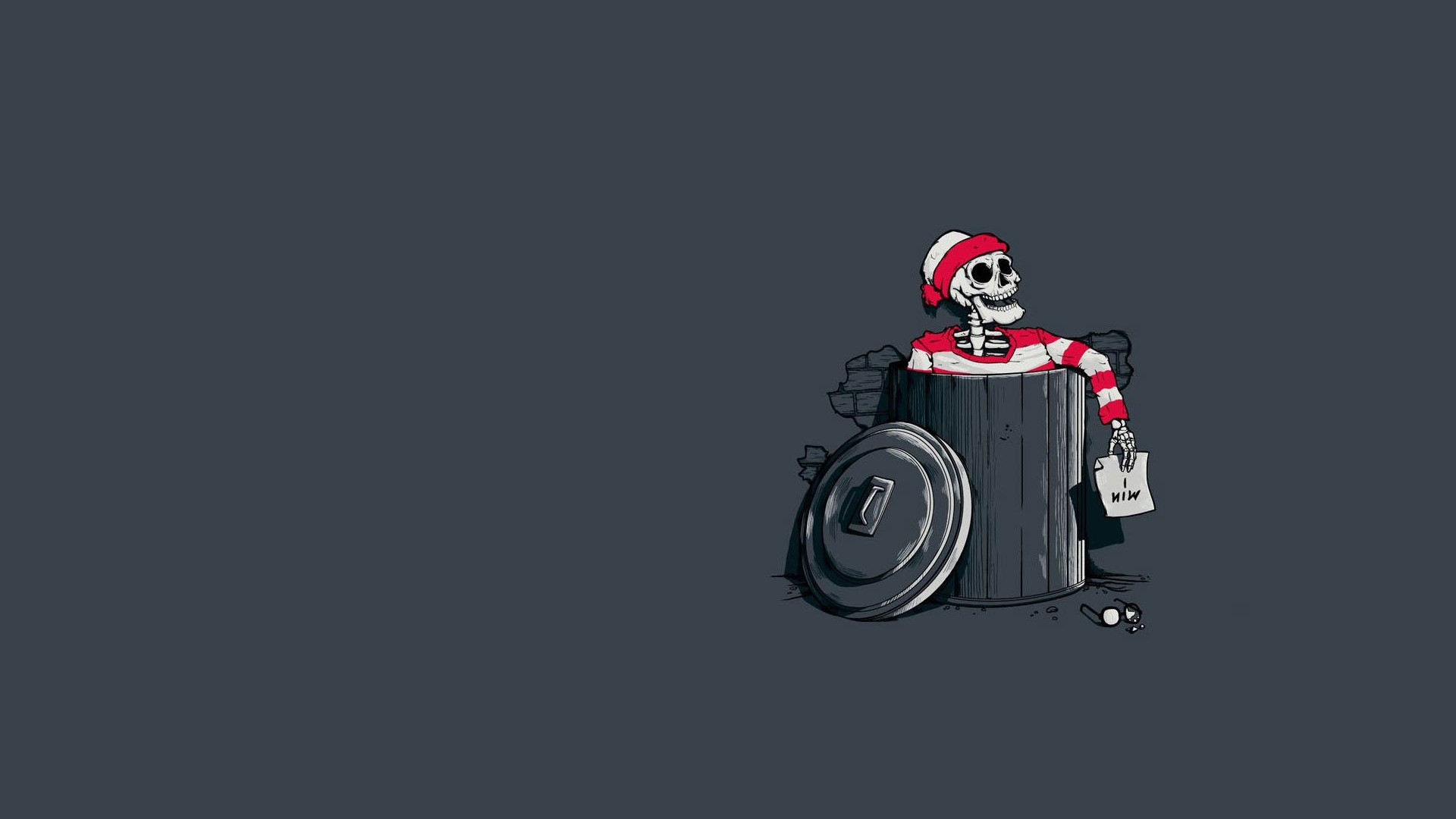Skeleton dressed as Waldo in a trash can HD Wallpaper