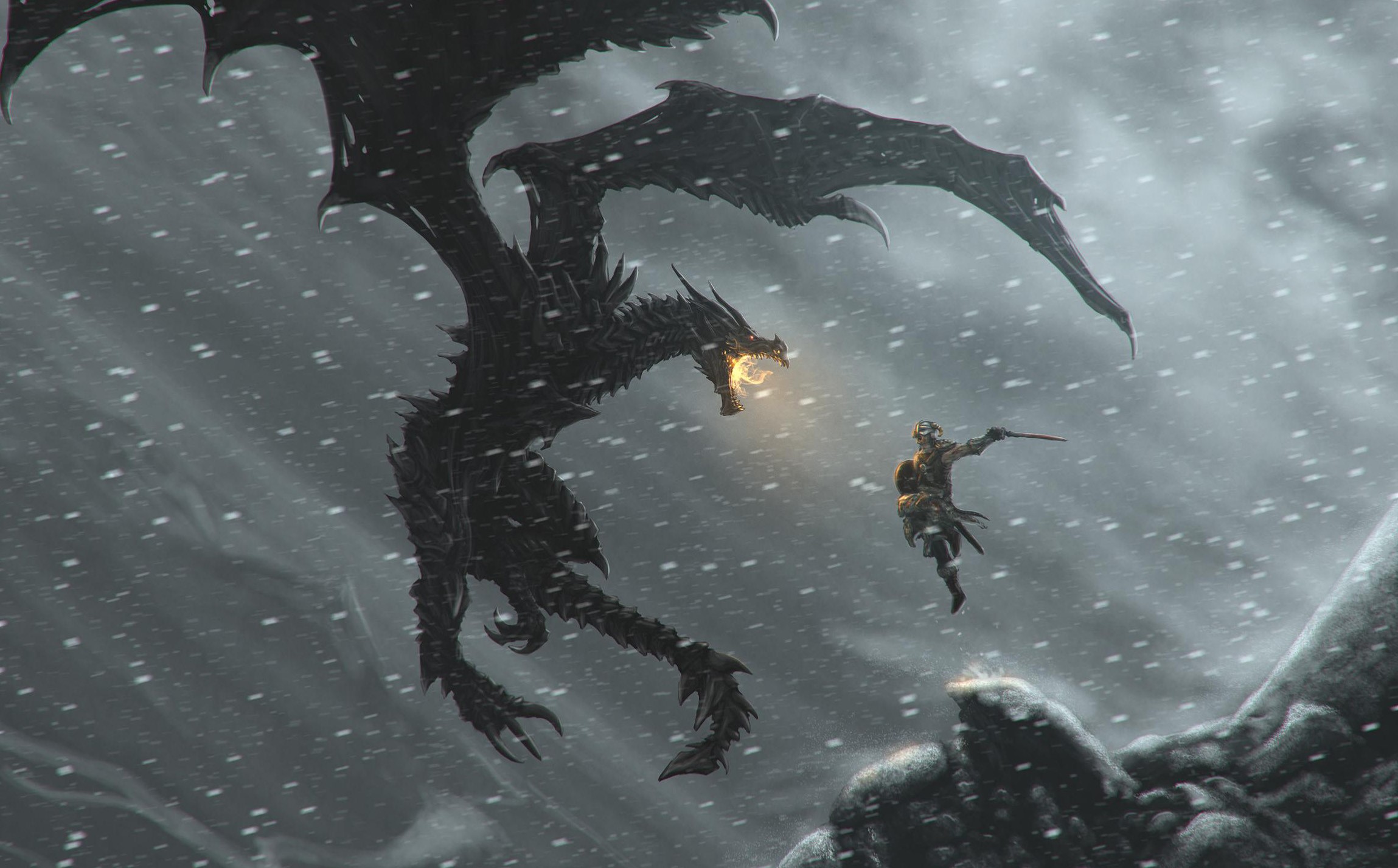 Dragon fighting a warrior in The Elder Scrolls V Skyrim HD Wallpaper
