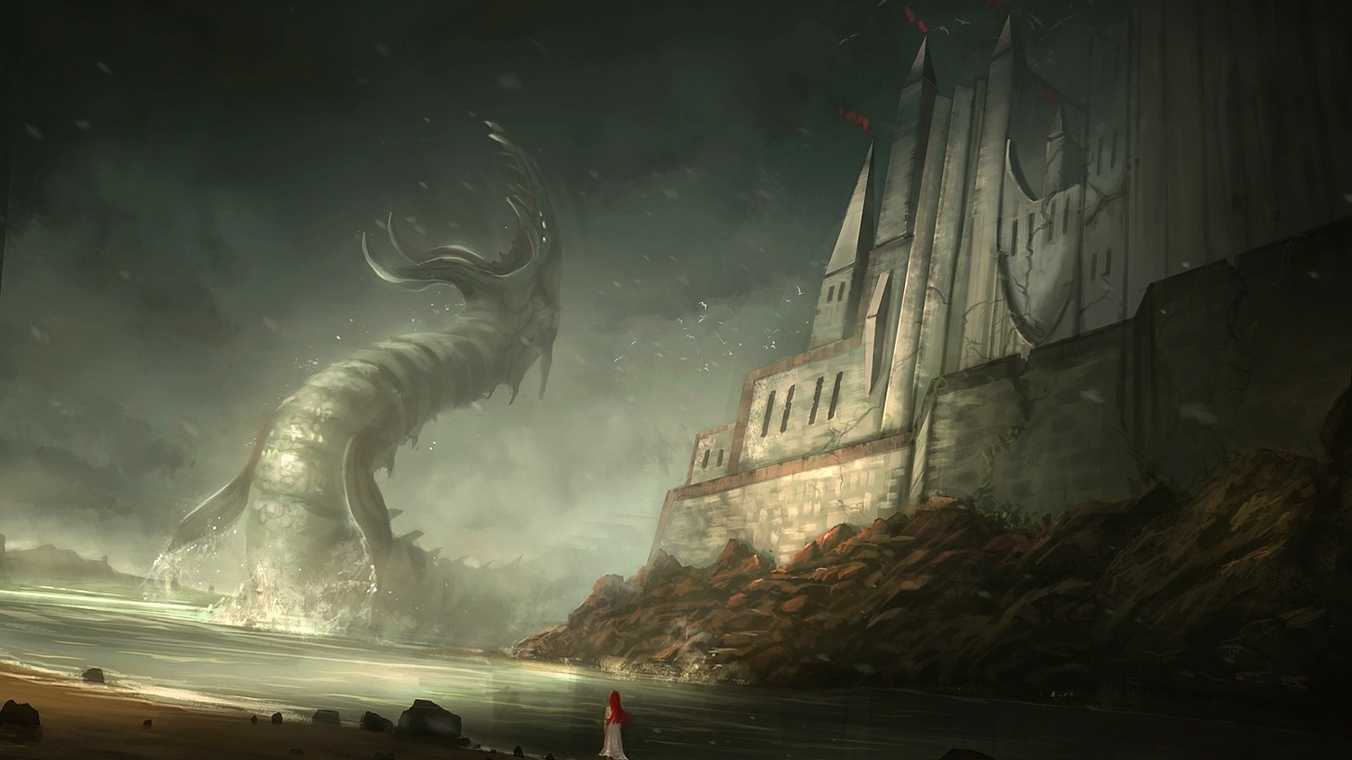 Sea monster attacks a castle with a person in red HD Wallpaper