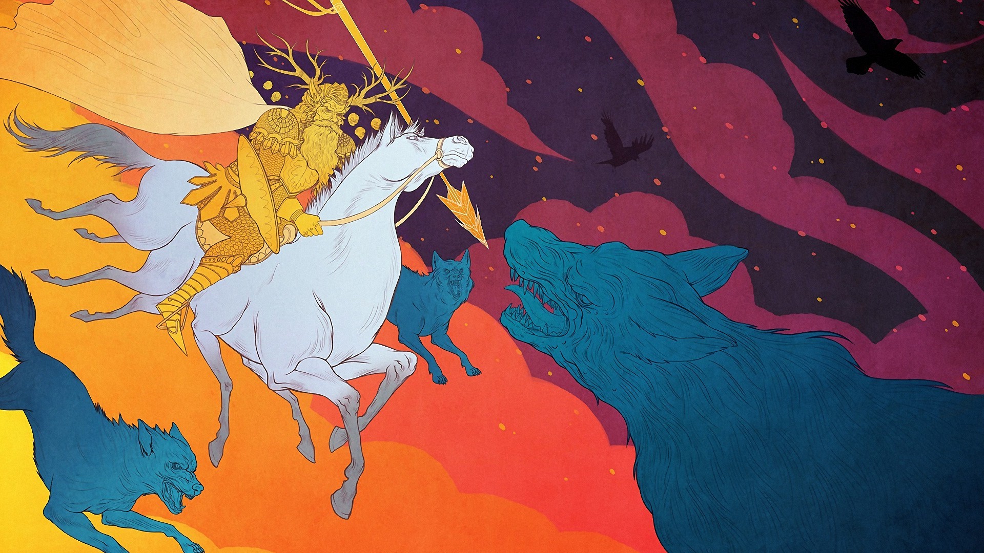 Odin riding Sleipnir with wolves and ravens HD Wallpaper