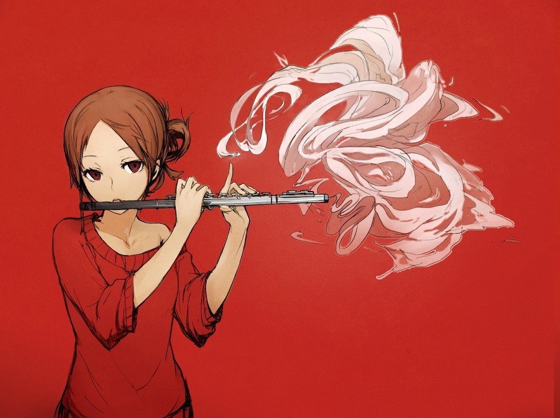 Anime girl playing flute with red smoke HD Wallpaper