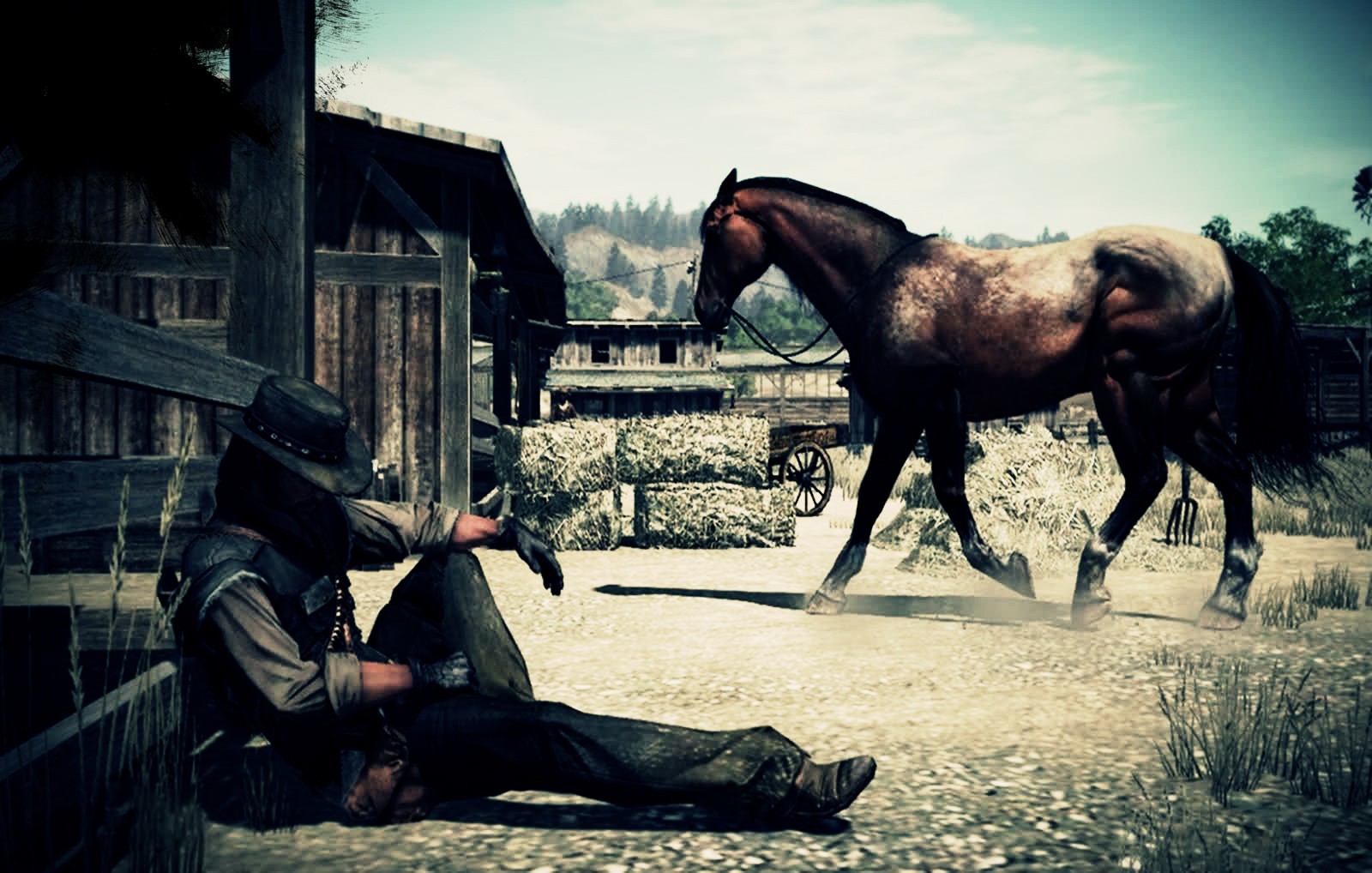 John Marston from Red Dead Redemption sitting by a barn with a horse HD Wallpaper
