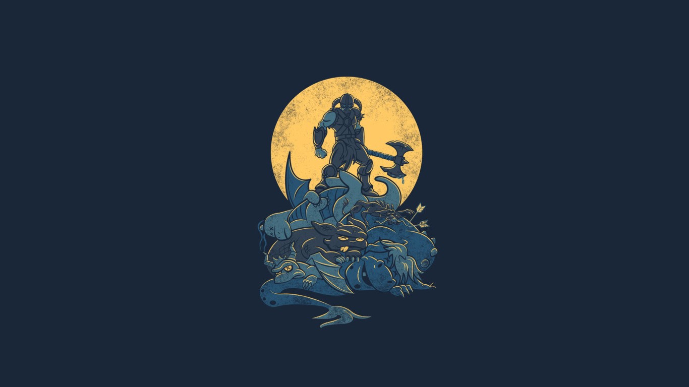 Dragonborn standing on defeated creatures in front of a moon HD Wallpaper