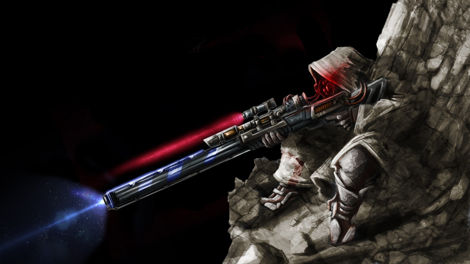 Sniper with laser rifle on rocky terrain HD Wallpaper
