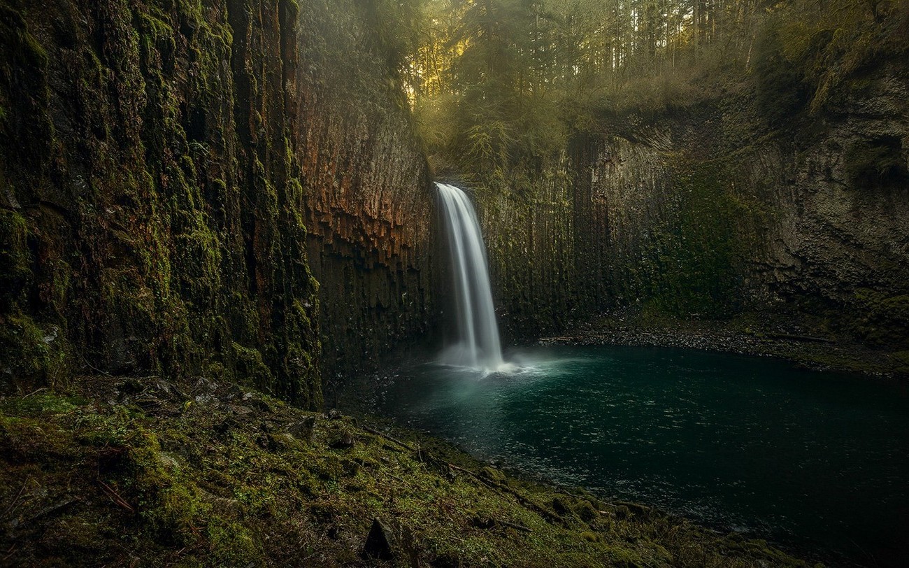 Mossy cliffs and waterfall in a forest HD Wallpaper