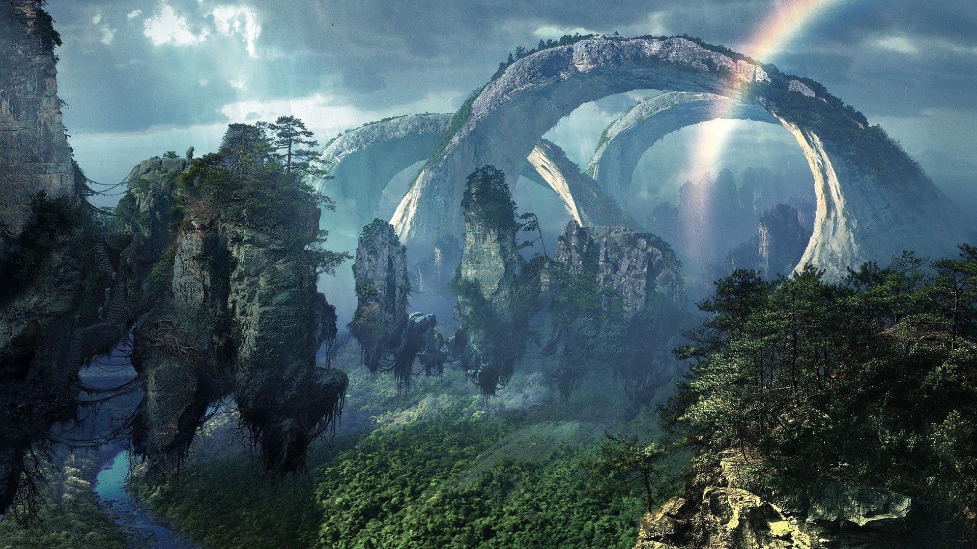 Floating islands with natural arches and a rainbow HD Wallpaper
