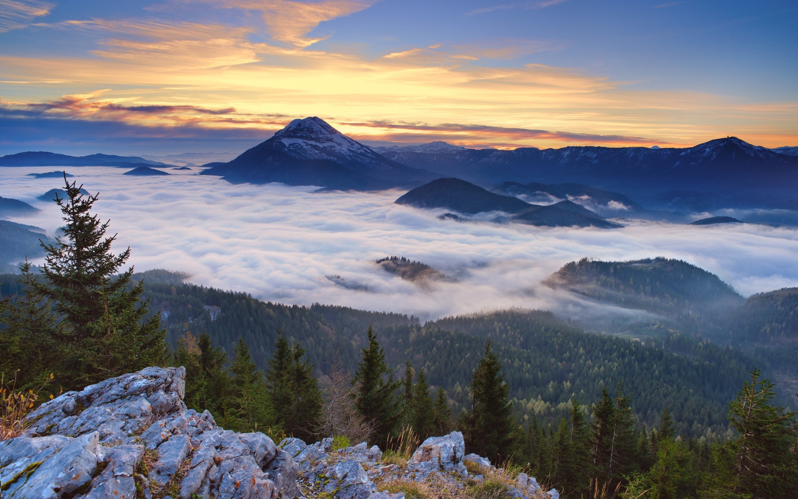 Mountain landscape with mist and sunset sky HD Wallpaper