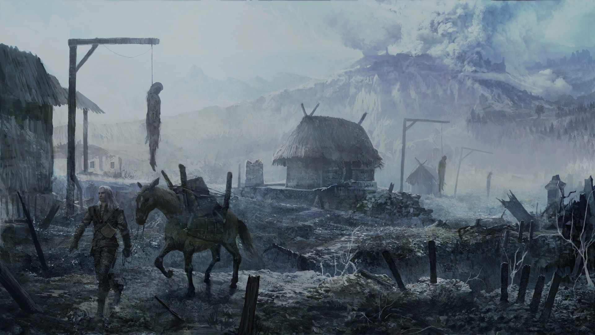 Geralt of Rivia from The Witcher in a desolate village HD Wallpaper