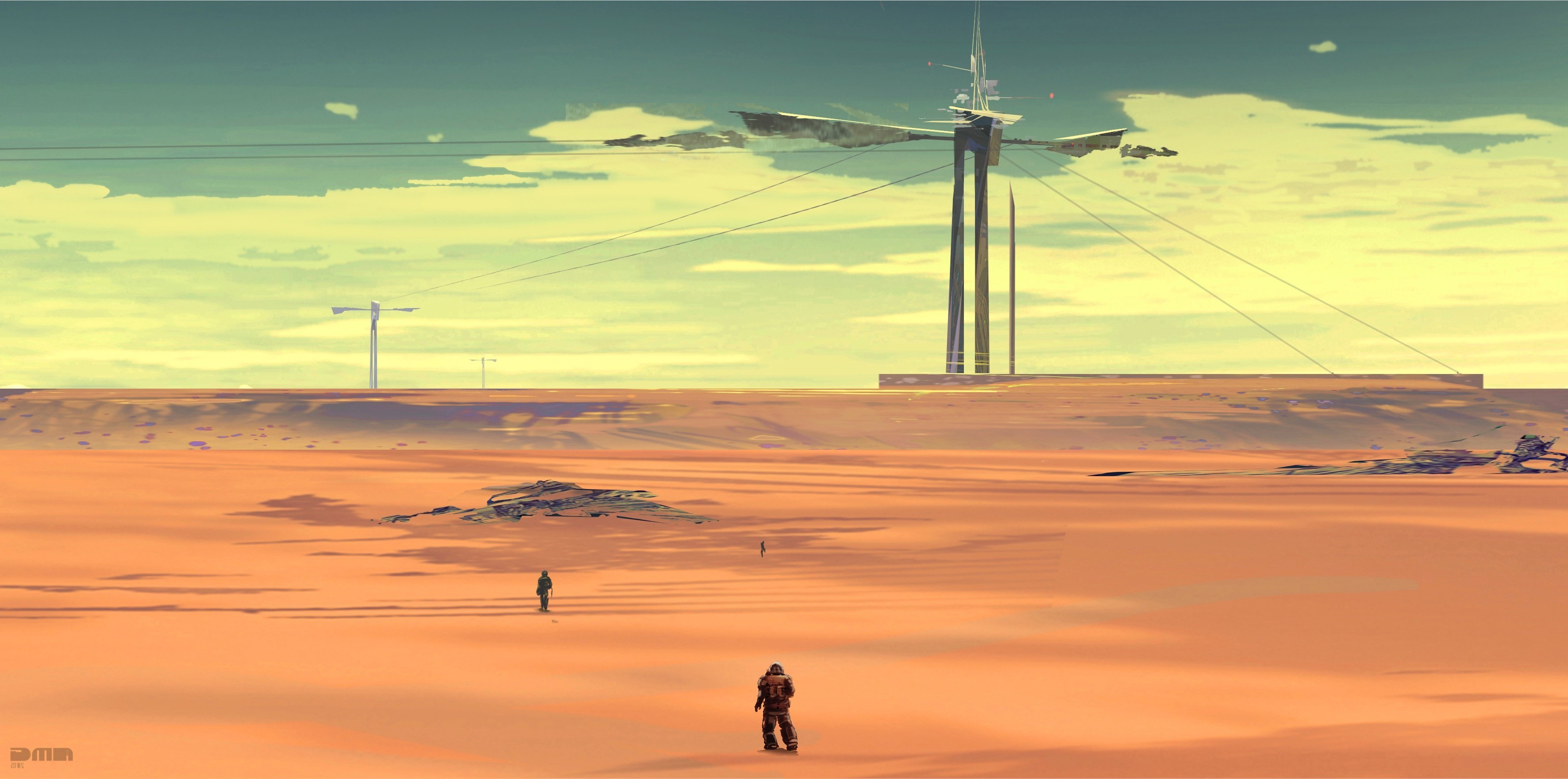 Science fiction desert landscape with futuristic structures HD Wallpaper