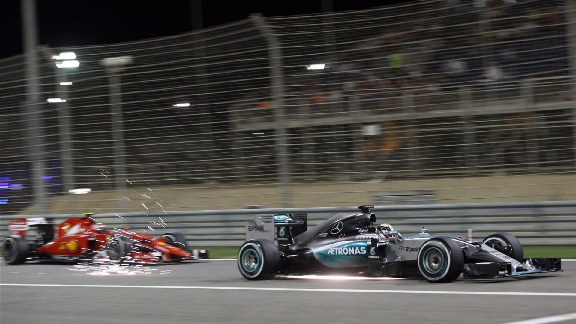 Formula 1 cars racing at night HD Wallpaper