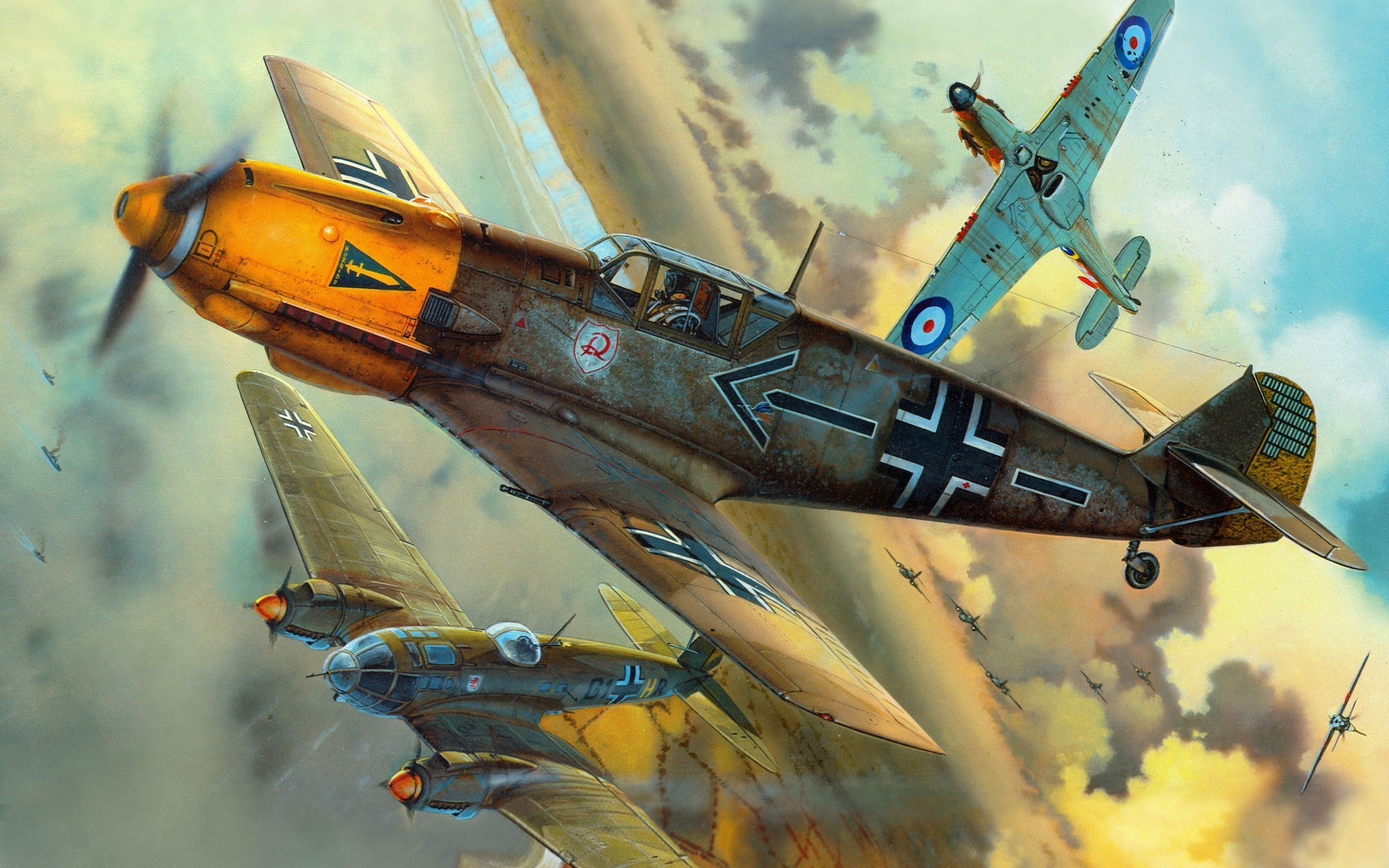 Messerschmitt Bf 109 and Hawker Hurricane in combat HD Wallpaper