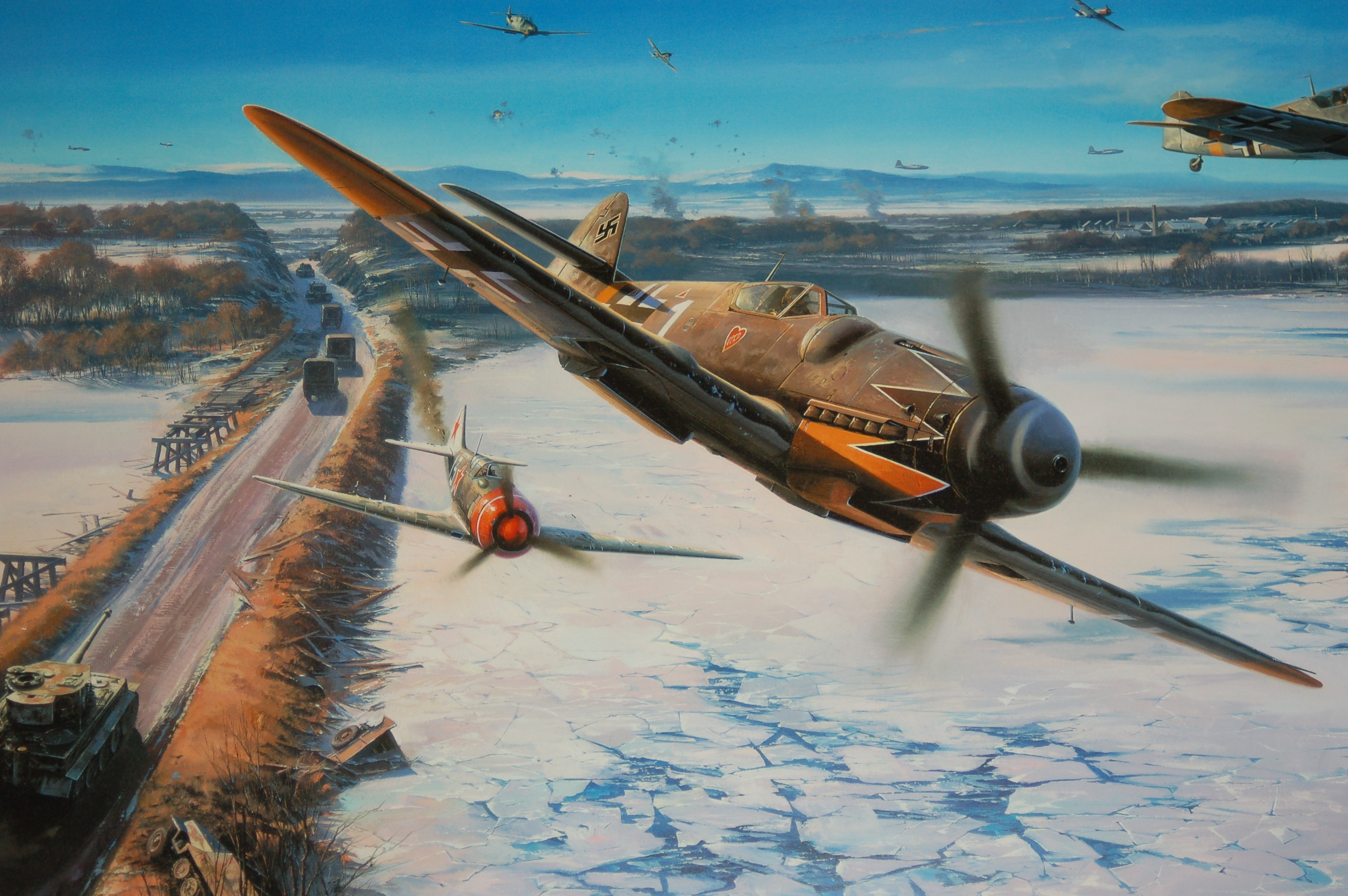 Messerschmitt Bf 109 aircraft in aerial combat over a winter landscape HD Wallpaper
