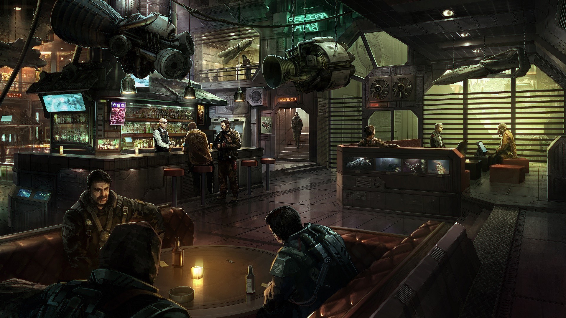 Sci-fi bar with patrons and spacecraft decor HD Wallpaper