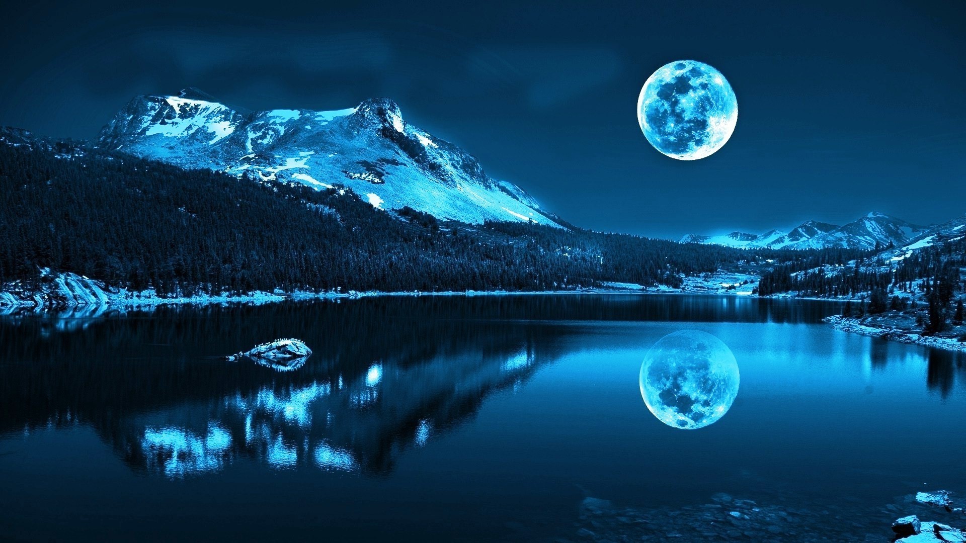Moonlit lake and mountains HD Wallpaper