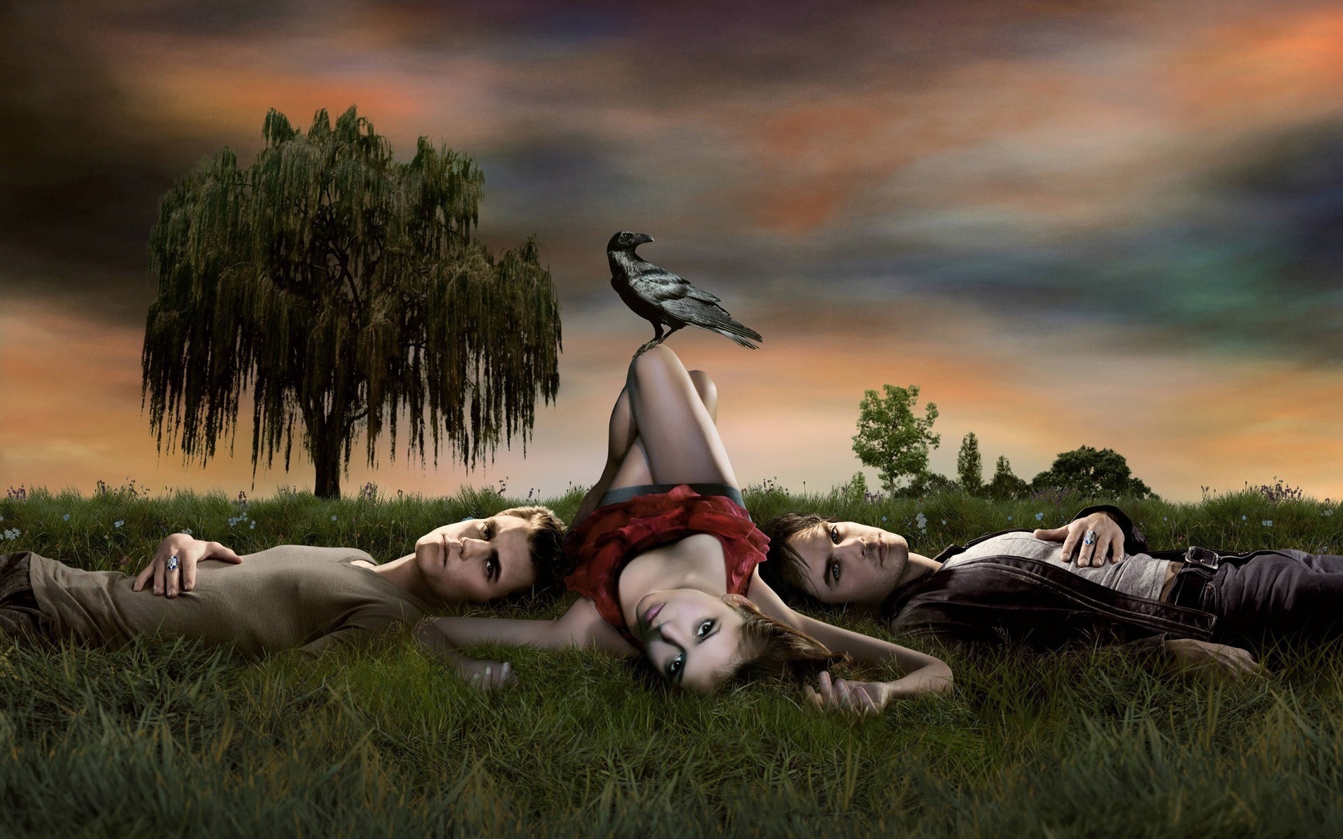 Elena Gilbert, Stefan Salvatore, and Damon Salvatore from The Vampire Diaries HD Wallpaper