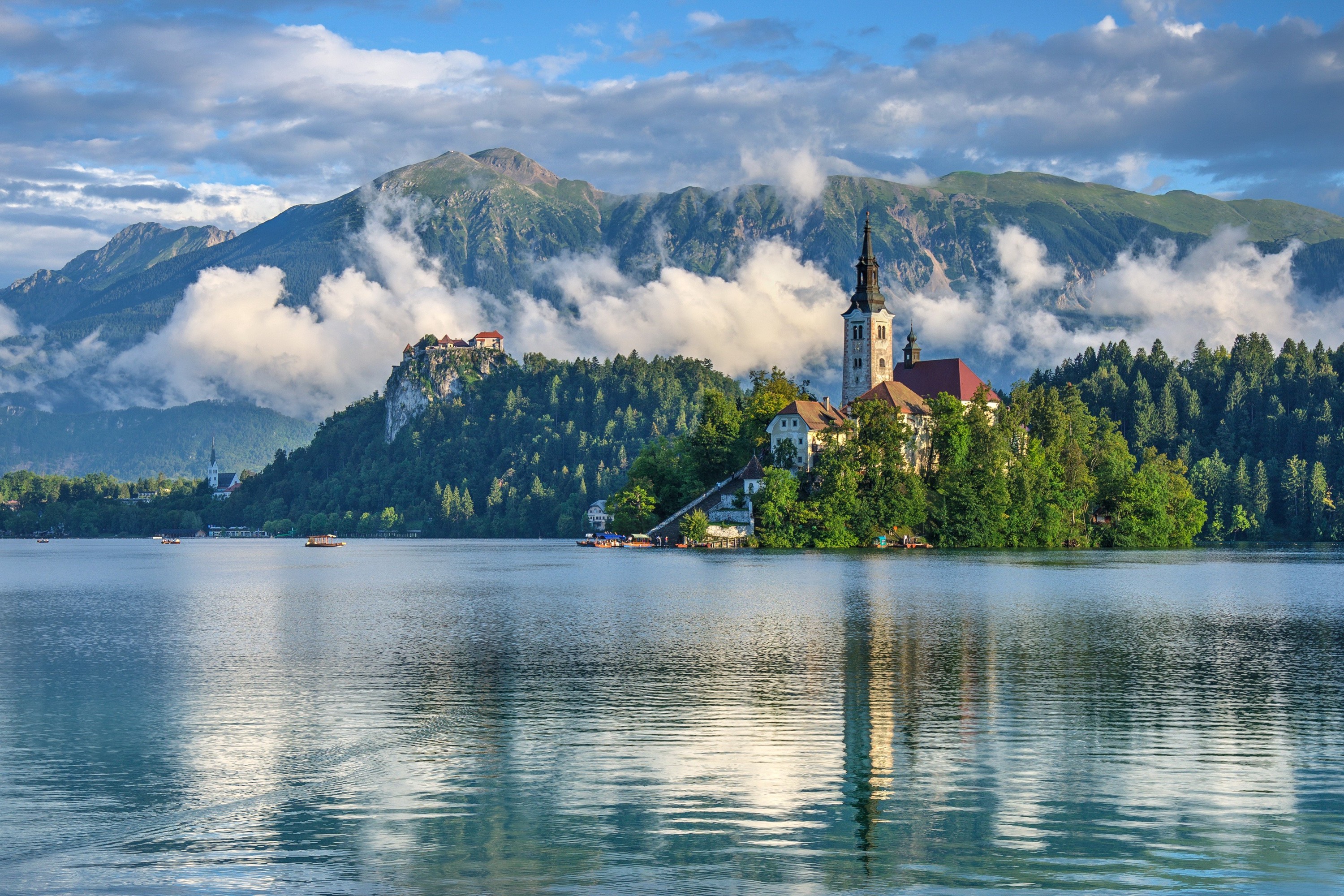 Lake island church with mountains in Slovenia HD Wallpaper