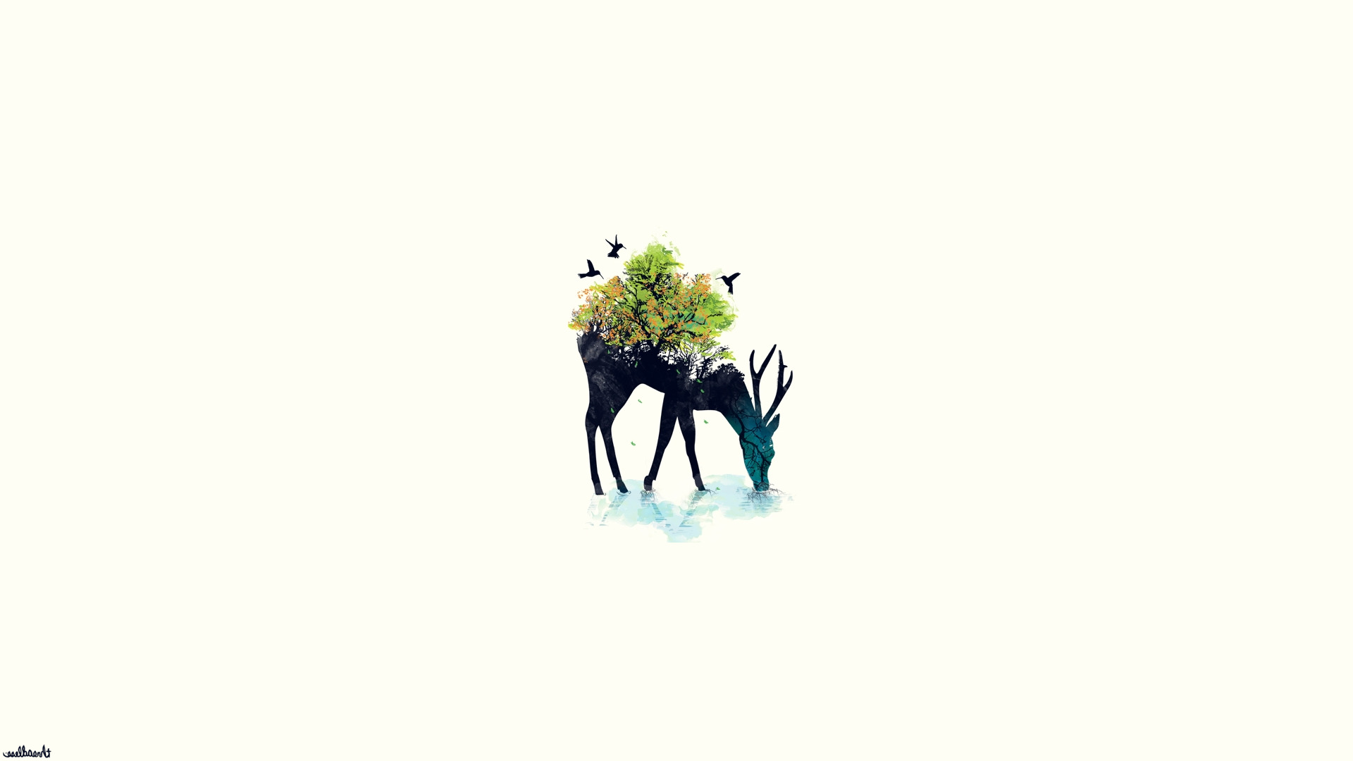 Deer with trees on its back drinking water HD Wallpaper