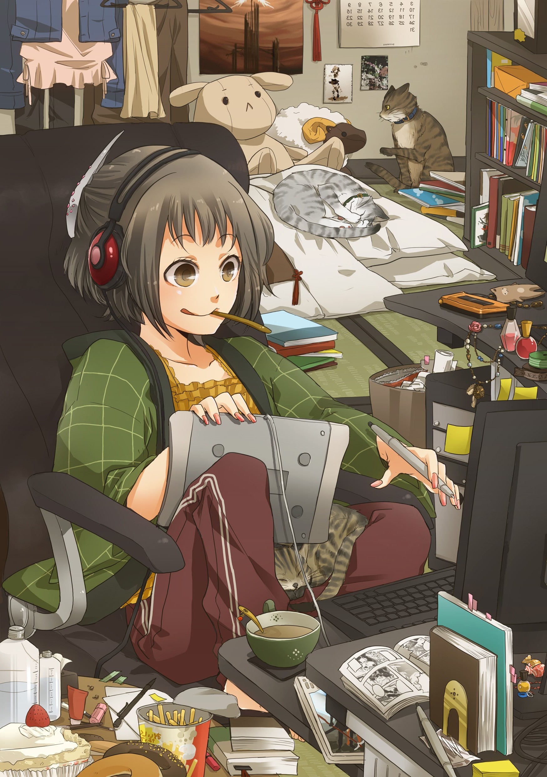 Anime girl with headphones and tablet in a messy room HD Wallpaper