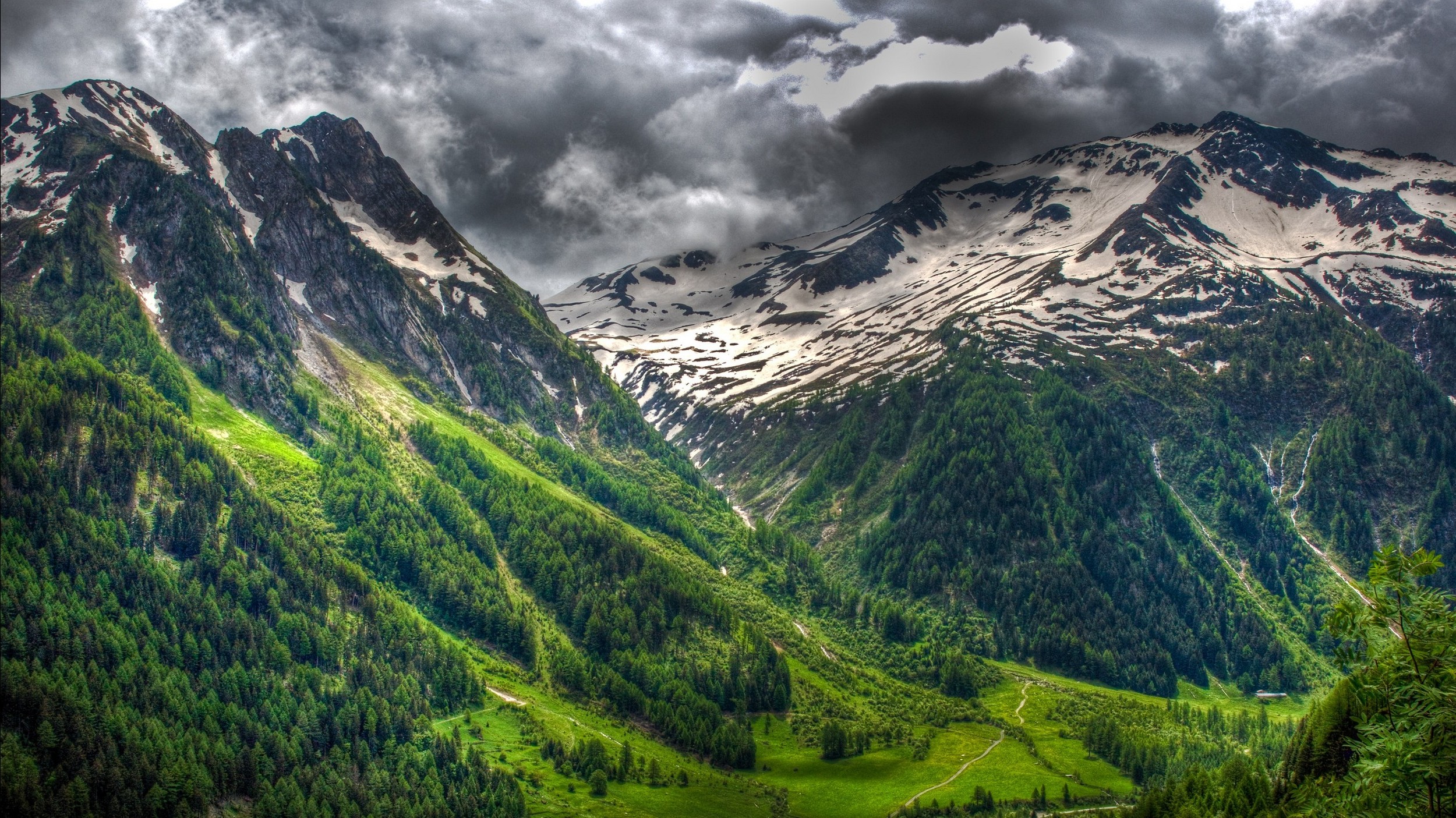 Snowy mountain peaks above a green forested valley under stormy clouds HD Wallpaper