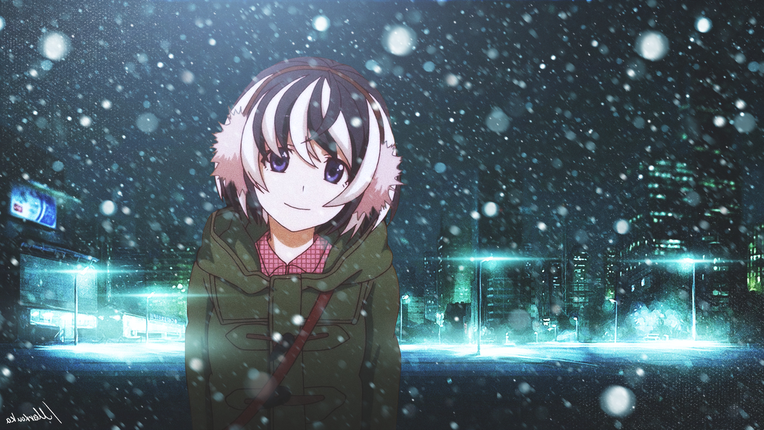 Tsubasa Hanekawa from Monogatari Series in winter city HD Wallpaper