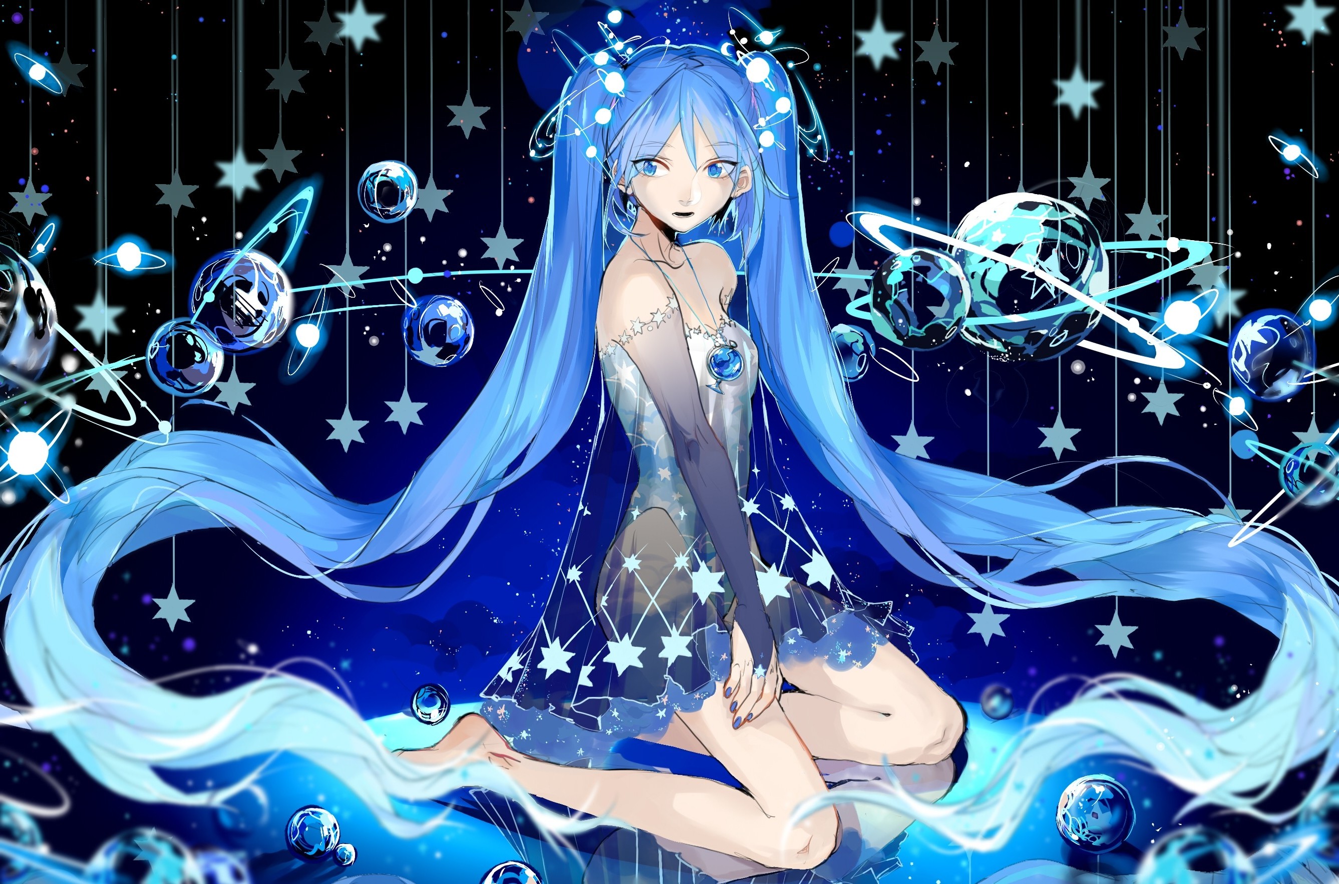 Hatsune Miku in a starry, cosmic dress HD Wallpaper