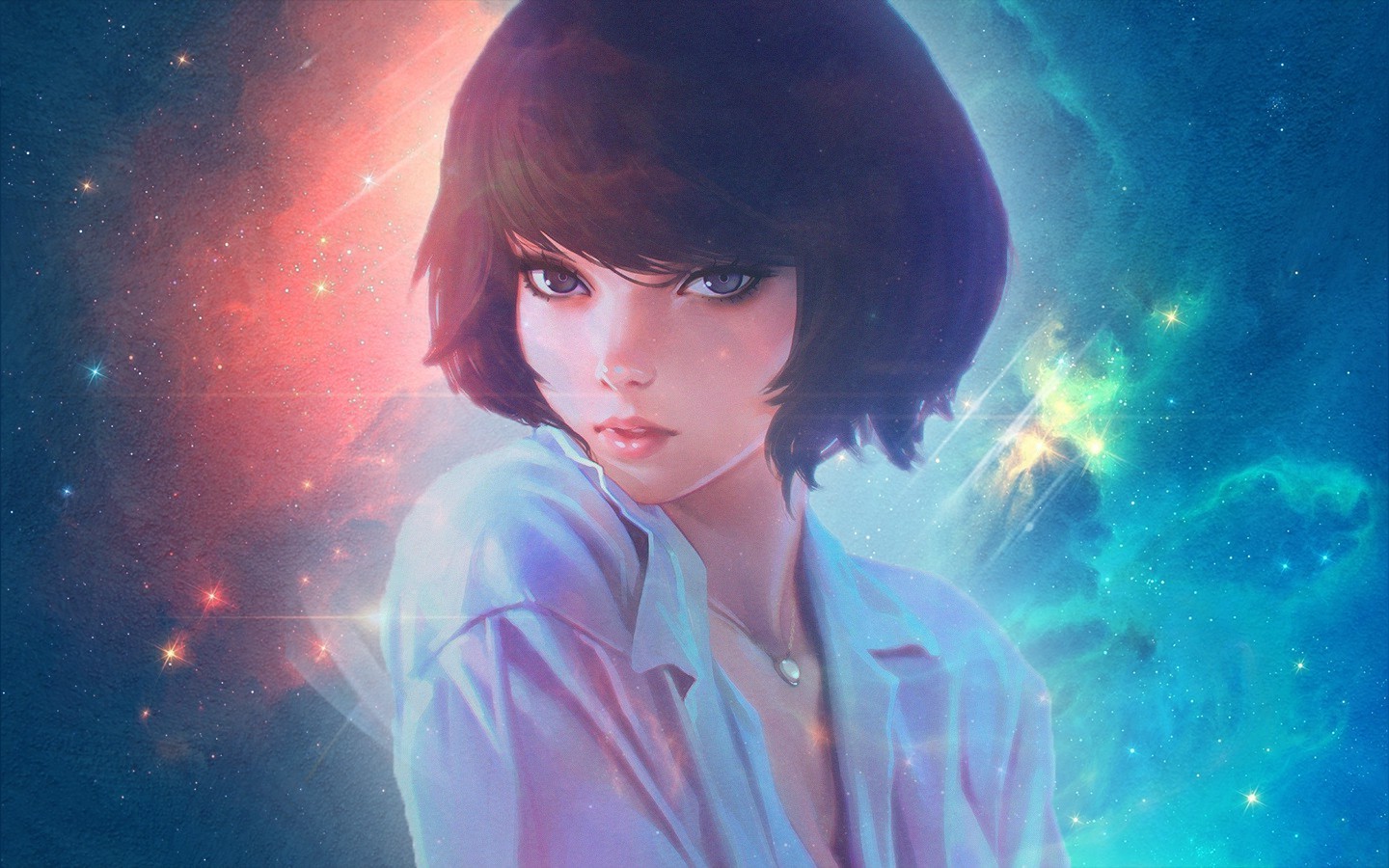Anime girl with short hair in a galaxy HD Wallpaper