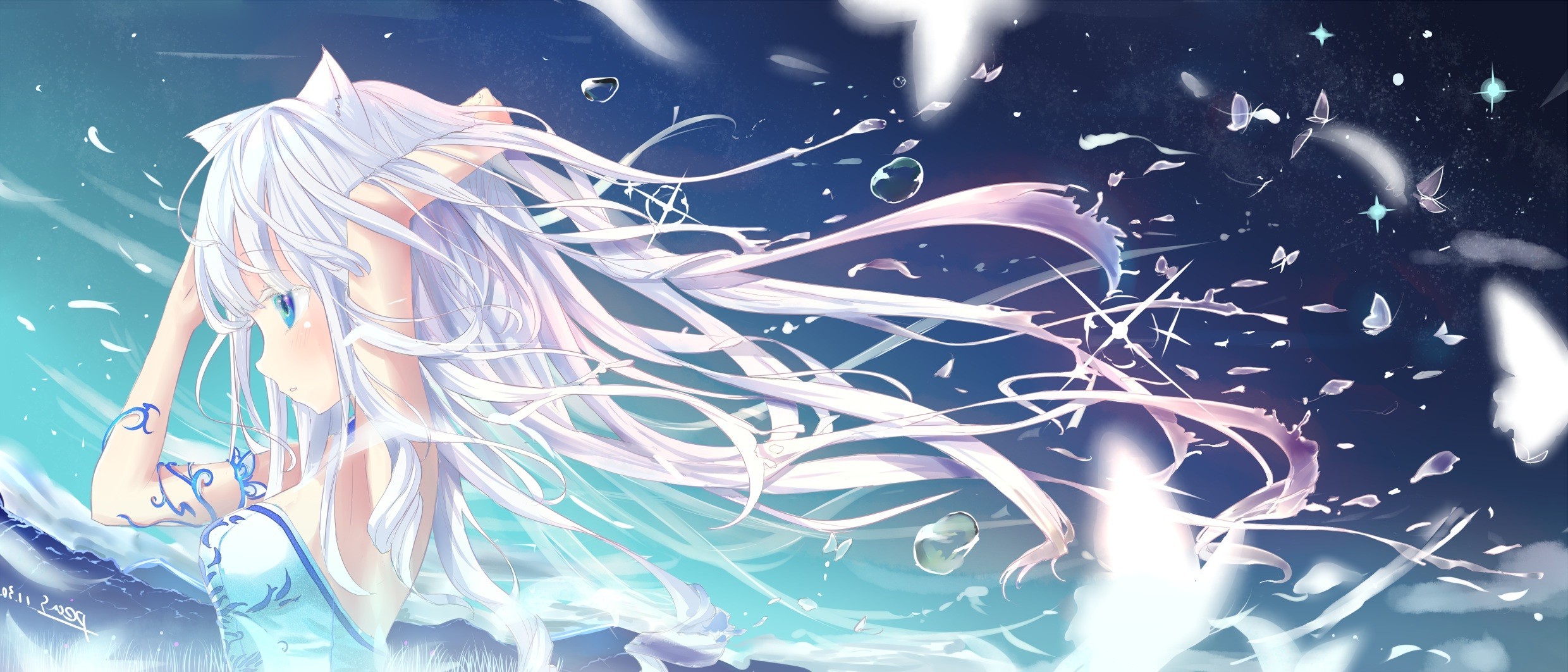 Anime girl with white hair and cat ears in water HD Wallpaper
