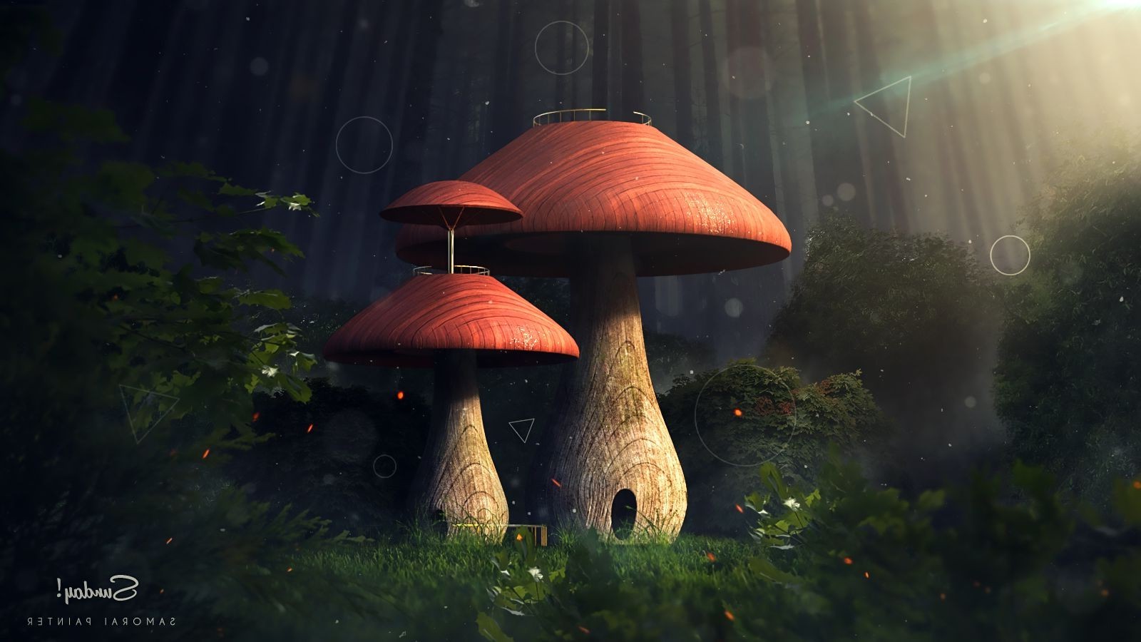 Fantasy forest with giant mushrooms and sun rays HD Wallpaper