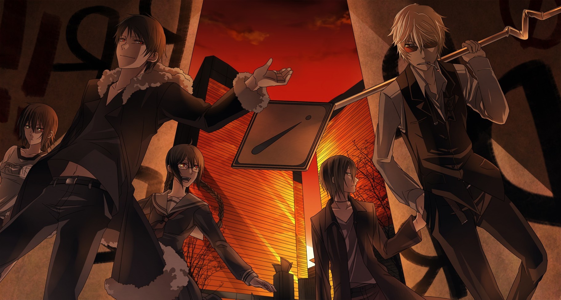 Durarara!! characters in front of a building at sunset HD Wallpaper
