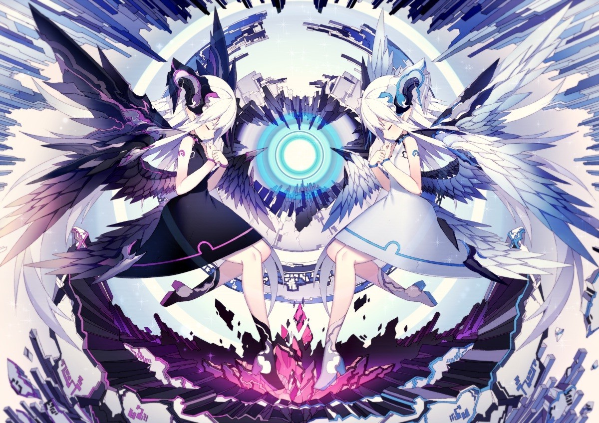 Anime girls with wings and glowing orb HD Wallpaper