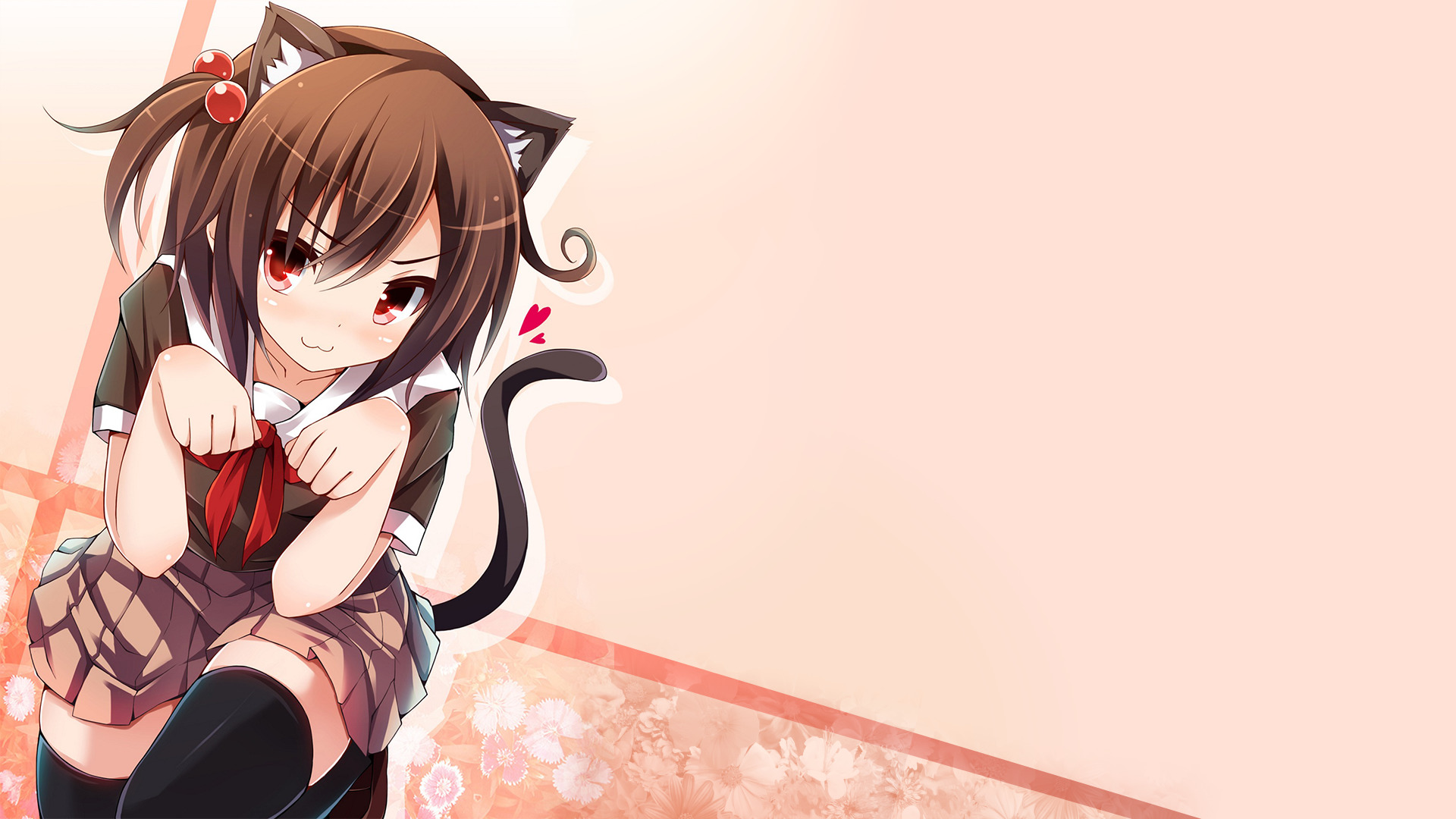 Anime cat girl in school uniform with red bow HD Wallpaper