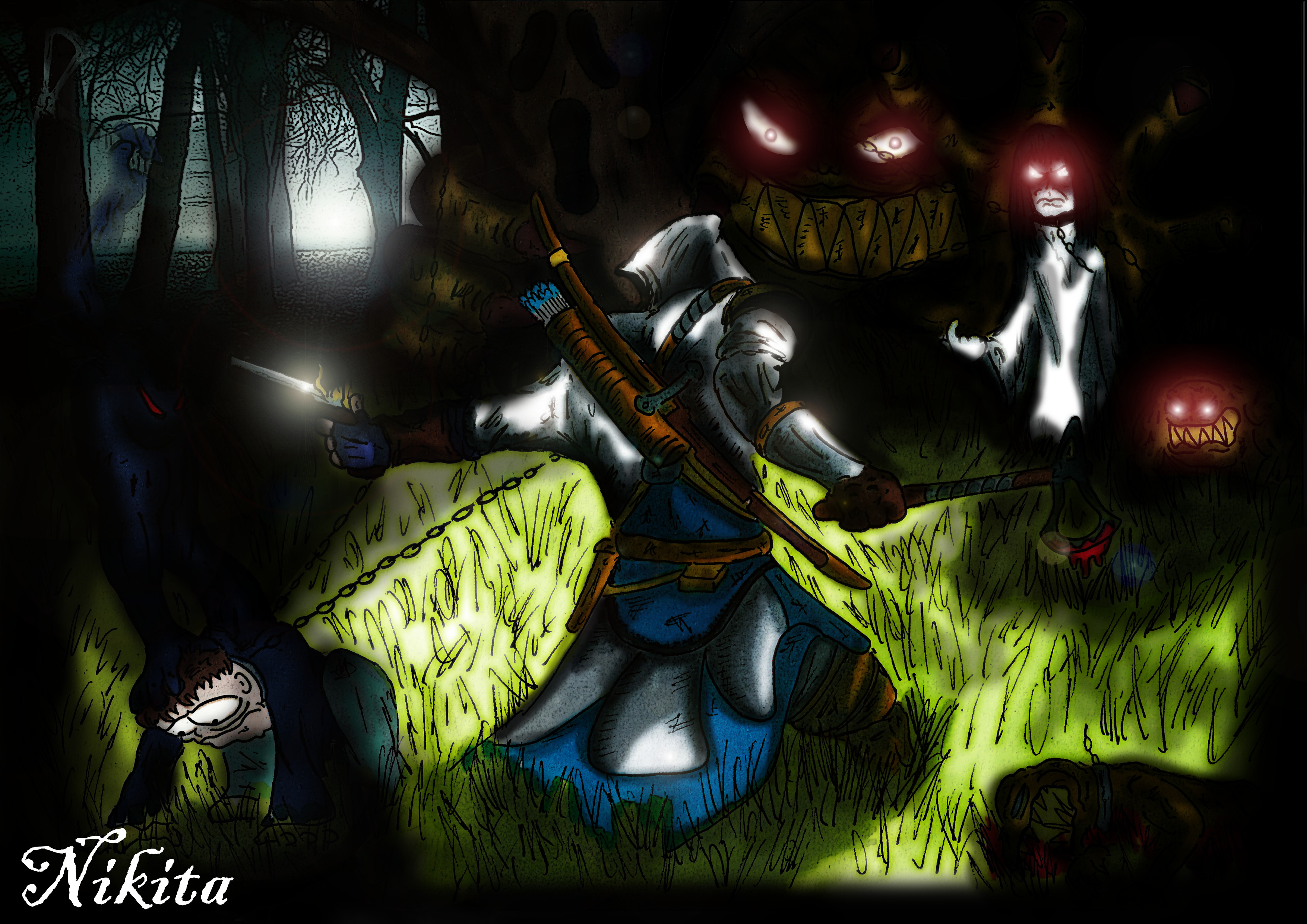 Fantasy warrior fighting evil spirits in a dark forest HD Wallpaper